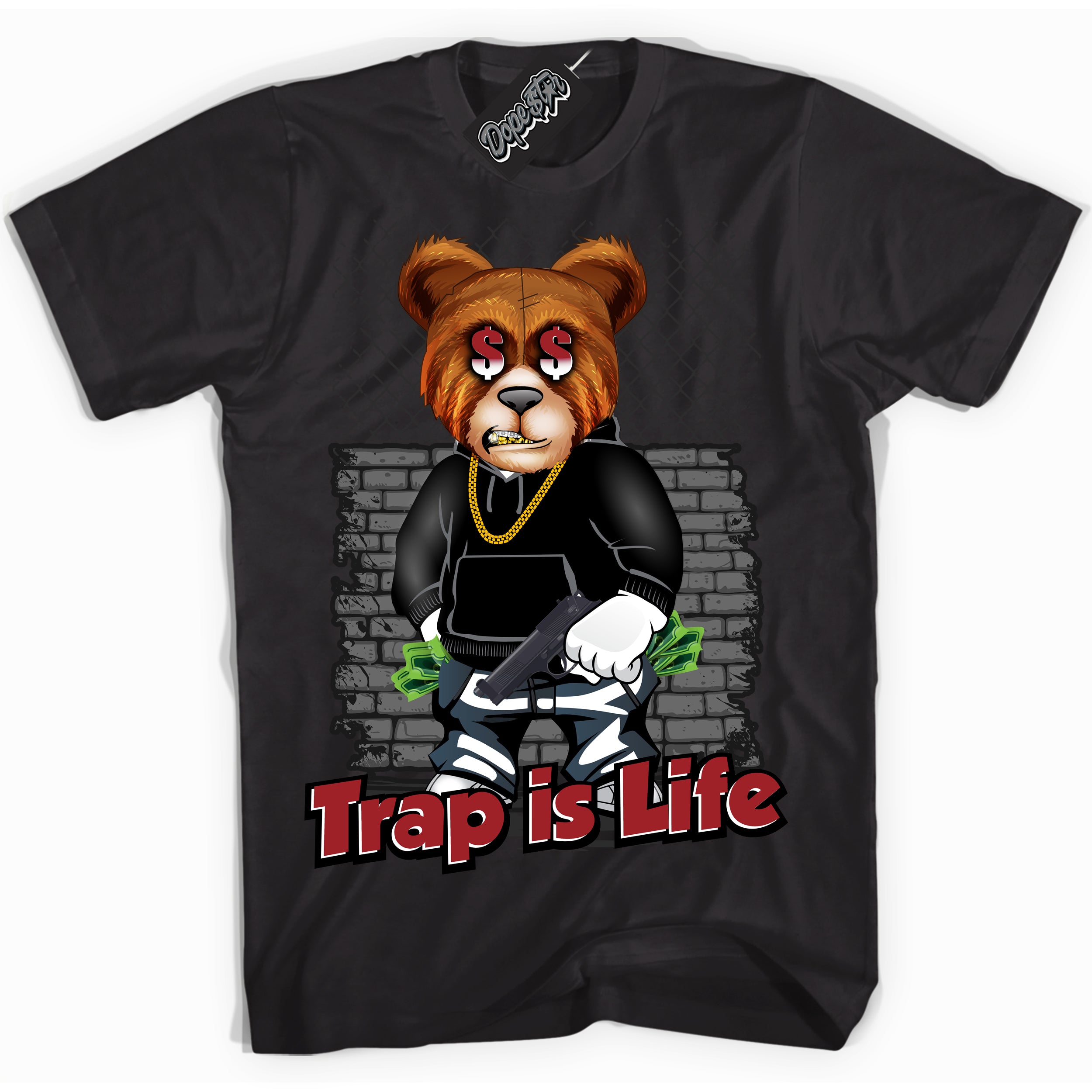 Cool Black graphic tee with “ Trap Is Life ” print, that perfectly matches Lost And Found 1s sneakers 