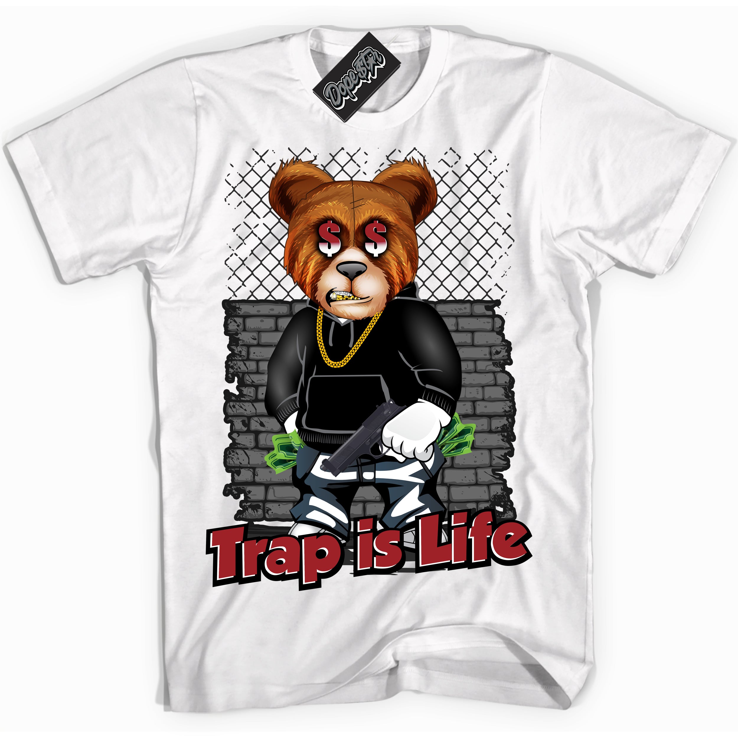 Cool White graphic tee with “ Trap Is Life ” print, that perfectly matches Lost And Found 1s sneakers 