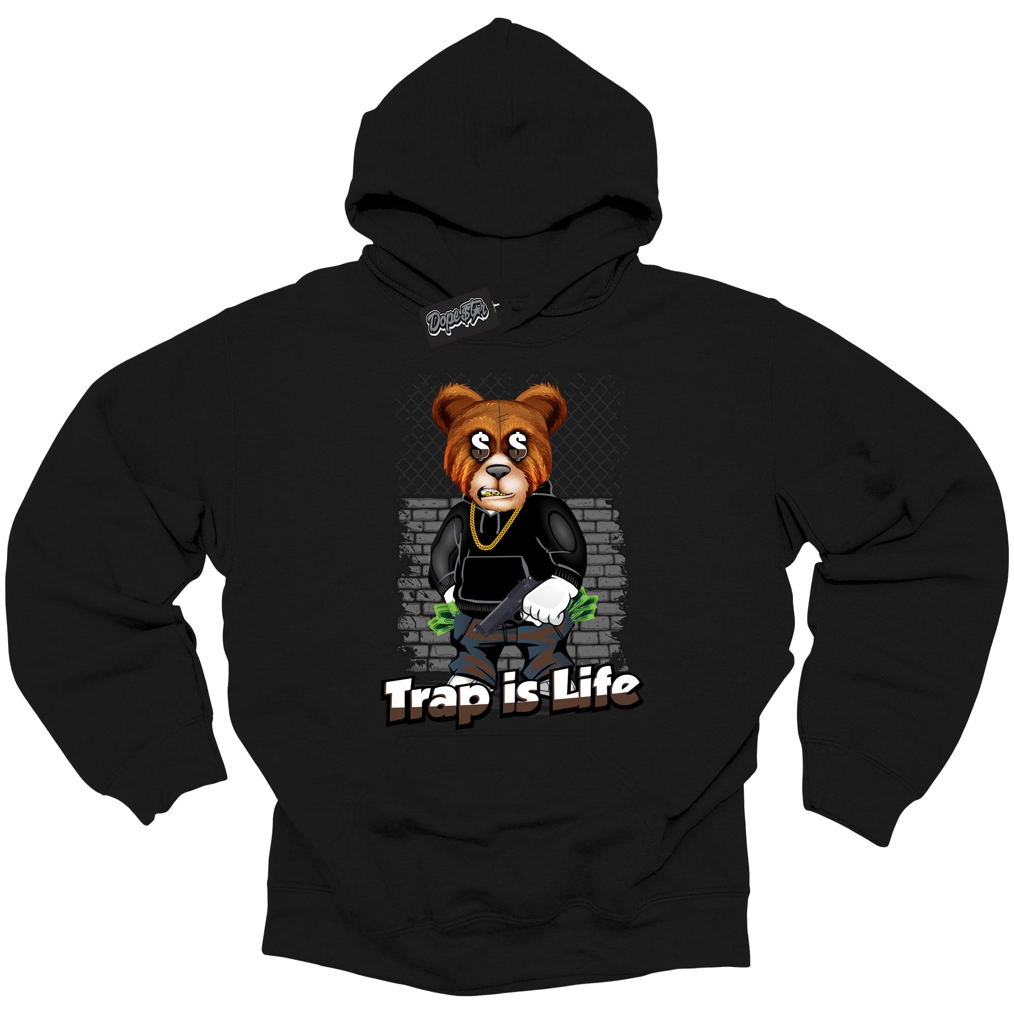 Cool Black Graphic DopeStar Hoodie with “ Trap Is Life “ print, that perfectly matches Palomino 1s sneakers