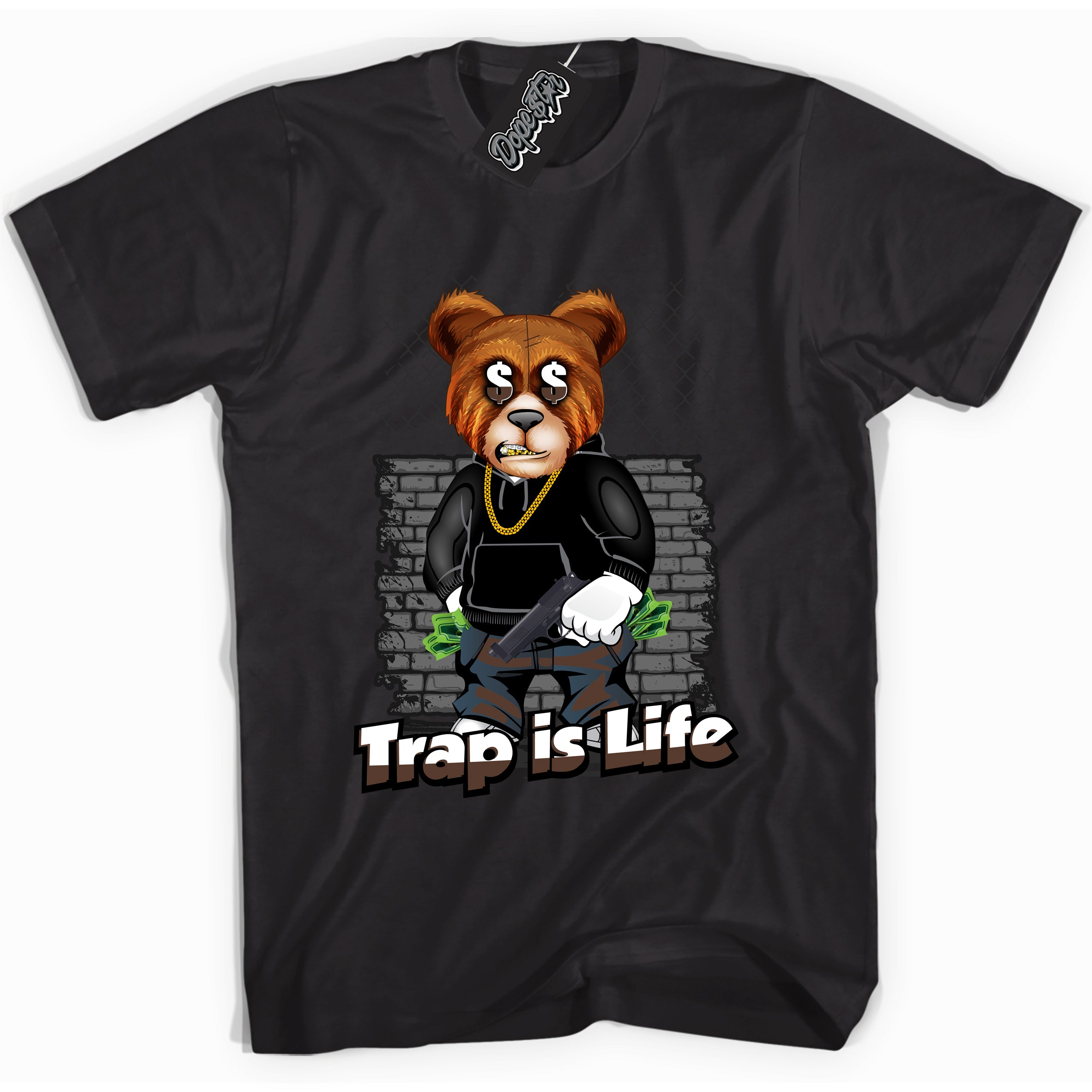 Cool Black graphic tee with “ Trap Is Life ” design, that perfectly matches Palomino 1s sneakers 