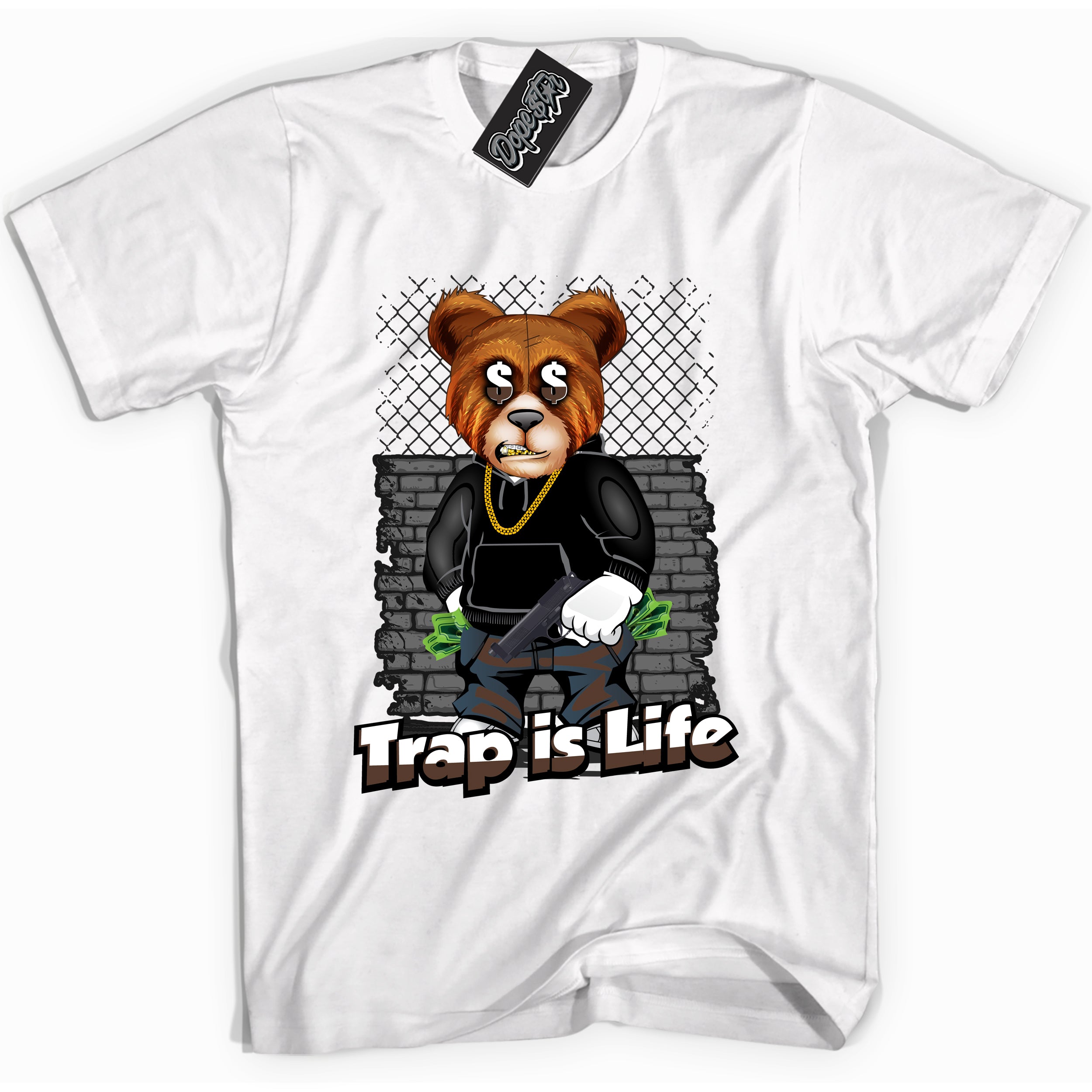 Cool White graphic tee with “ Trap Is Life ” design, that perfectly matches Palomino 1s sneakers 
