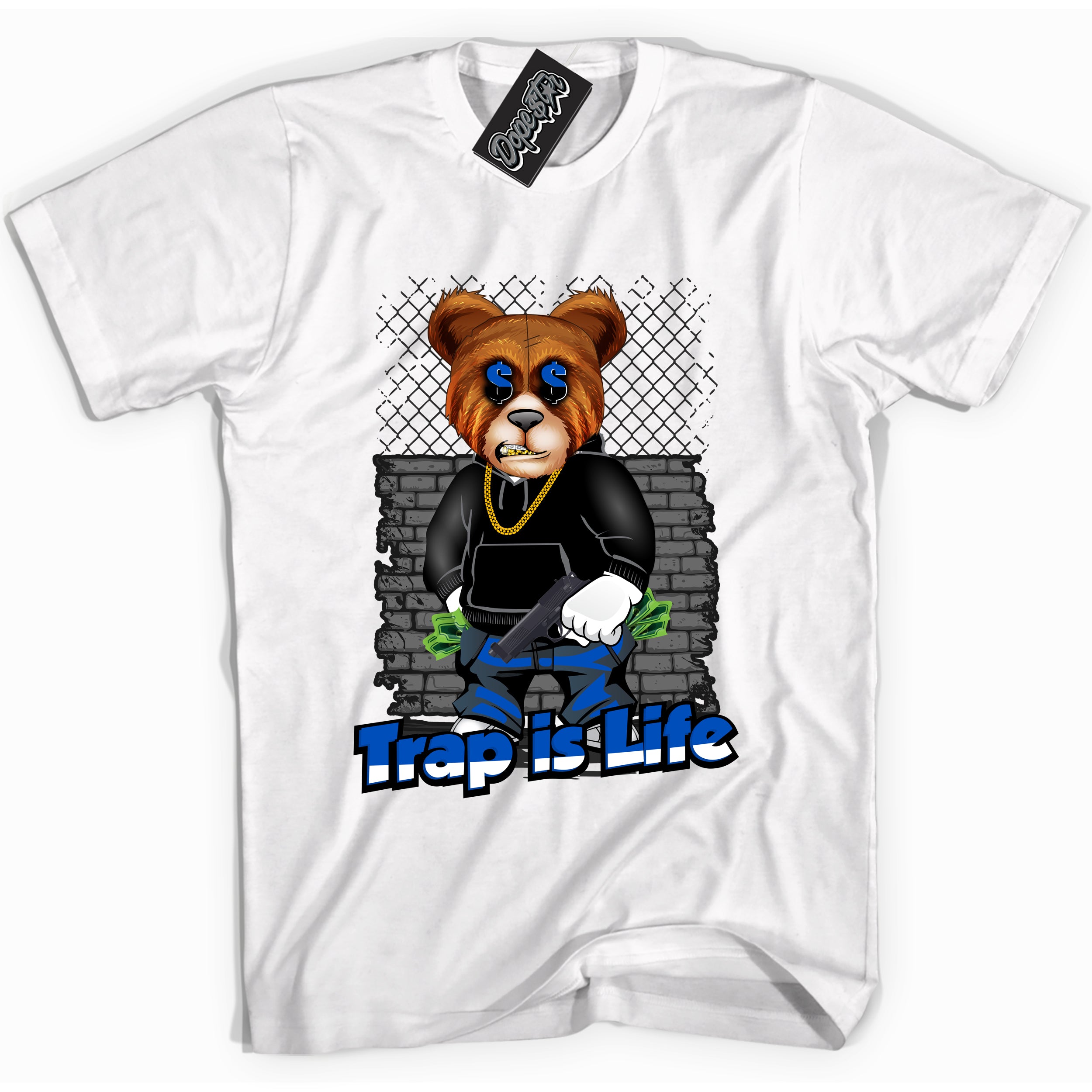 Cool White graphic tee with "Trap Is Life" design, that perfectly matches Royal Reimagined 1s sneakers 