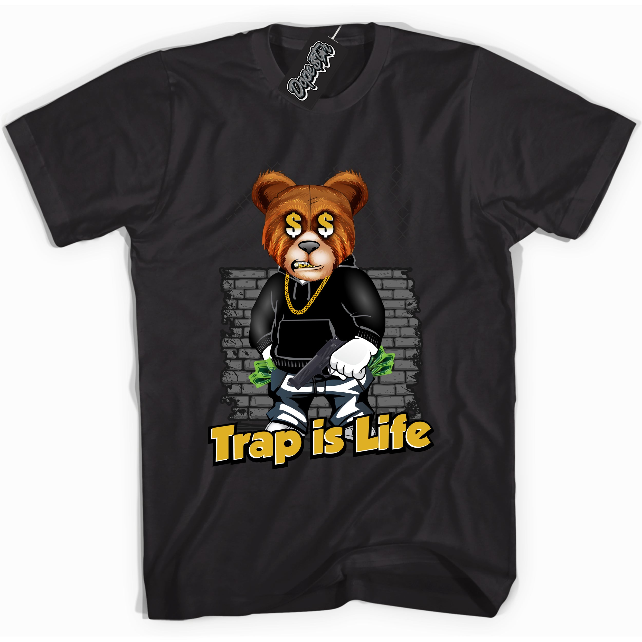 Cool Black Shirt with “ Trap Is Life ” design that perfectly matches Yellow Ochre 6s Sneakers.