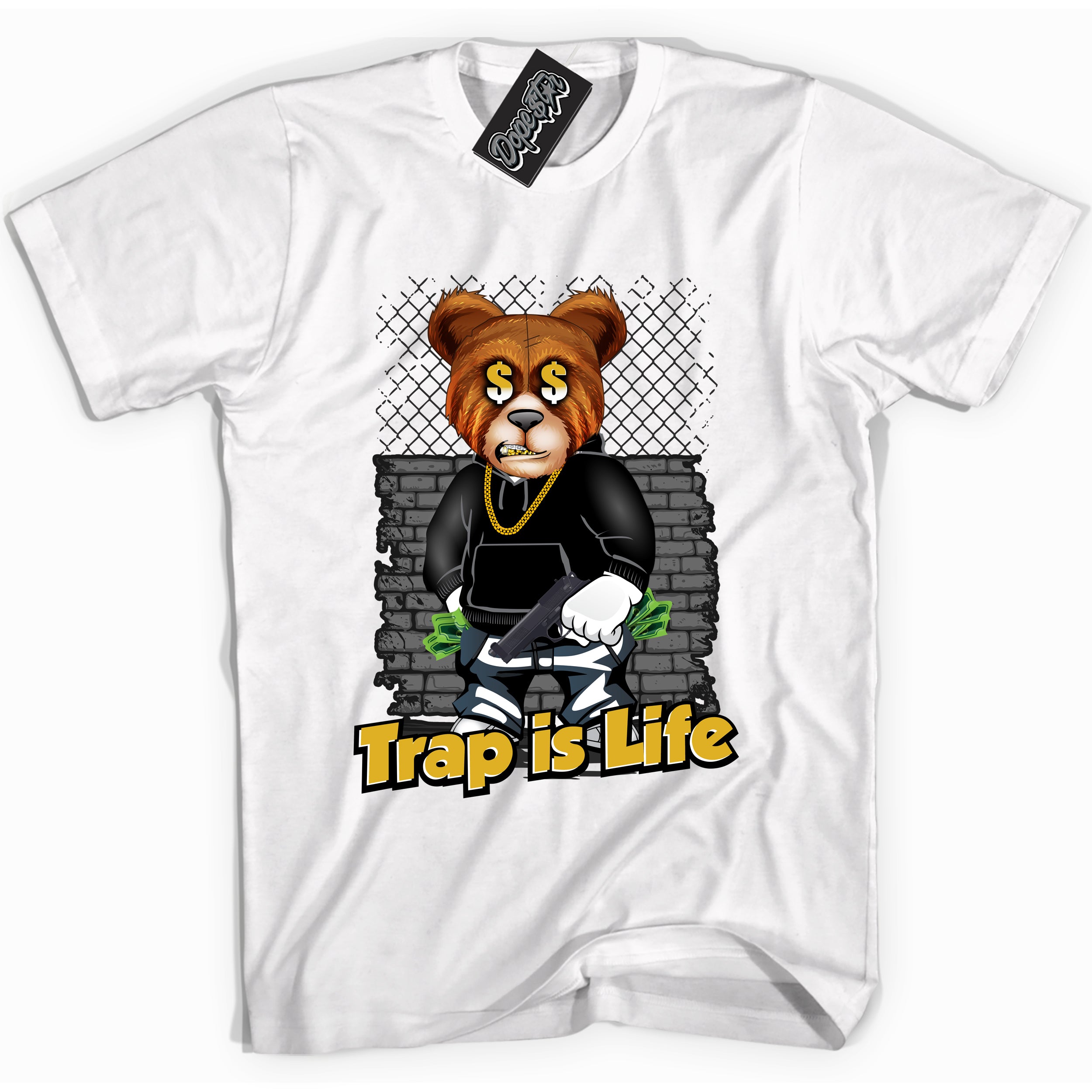 Cool White Shirt with “ Trap Is Life” design that perfectly matches Yellow Ochre 6s Sneakers.