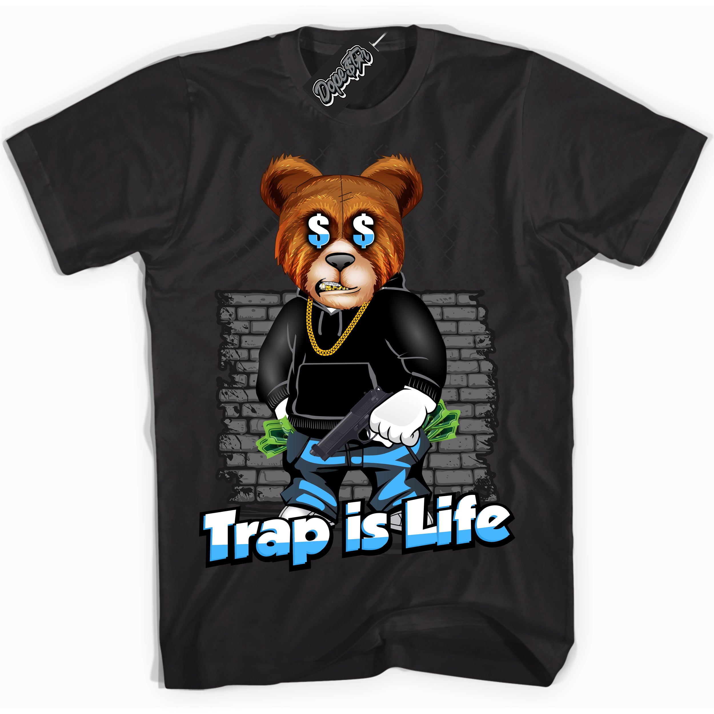 Cool Black graphic tee with “ Trap Is Life ” design, that perfectly matches Powder Blue 9s sneakers 