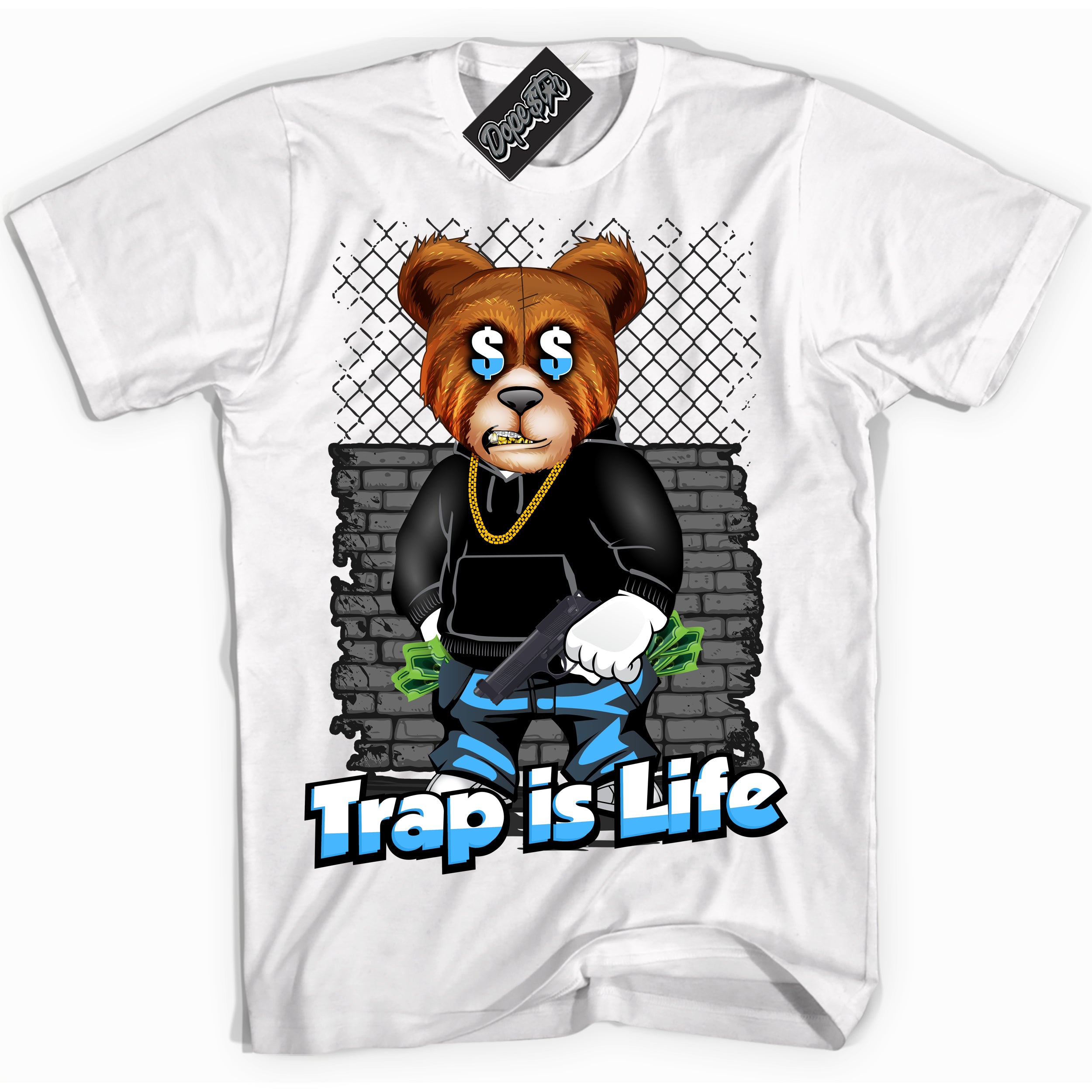 Cool White graphic tee with “ Trap Is Life ” design, that perfectly matches Powder Blue 9s sneakers 