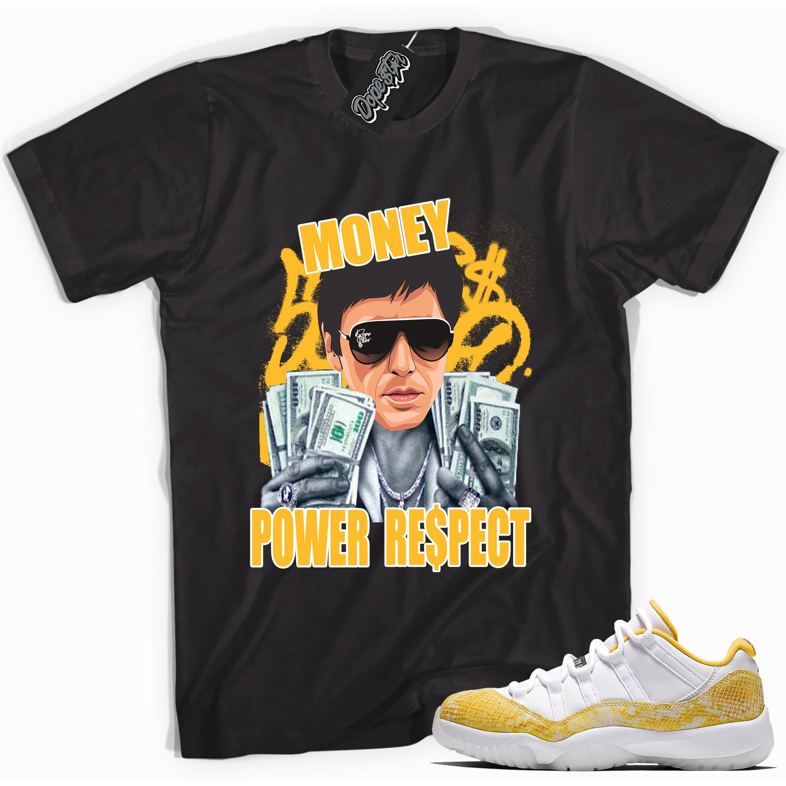 Cool black graphic tee with 'money power respect' print, that perfectly matches  Air Jordan 11 Retro Low Yellow Snakeskin sneakers