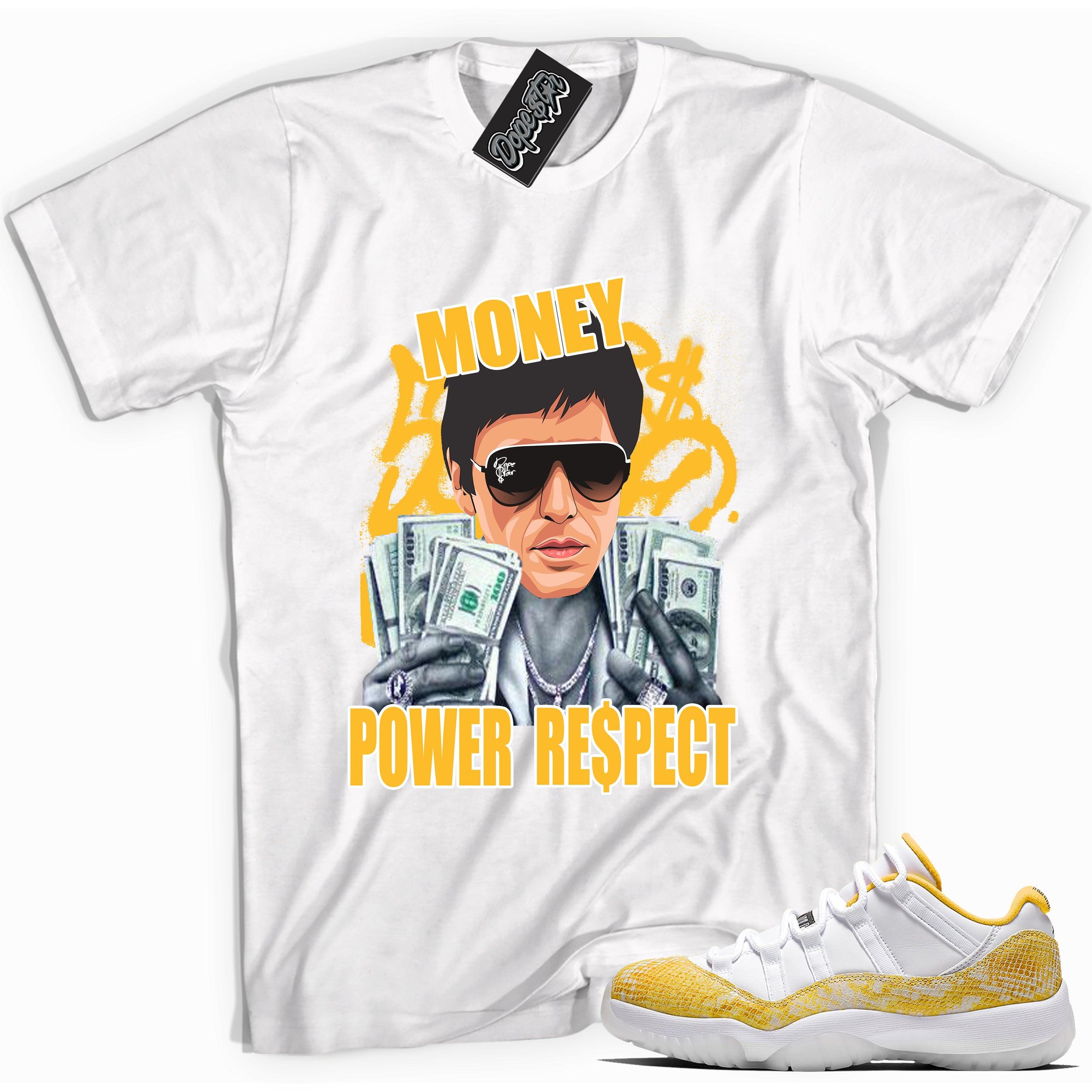 Cool white graphic tee with 'money power respect' print, that perfectly matches Air Jordan 11 Retro Low Yellow Snakeskin sneakers