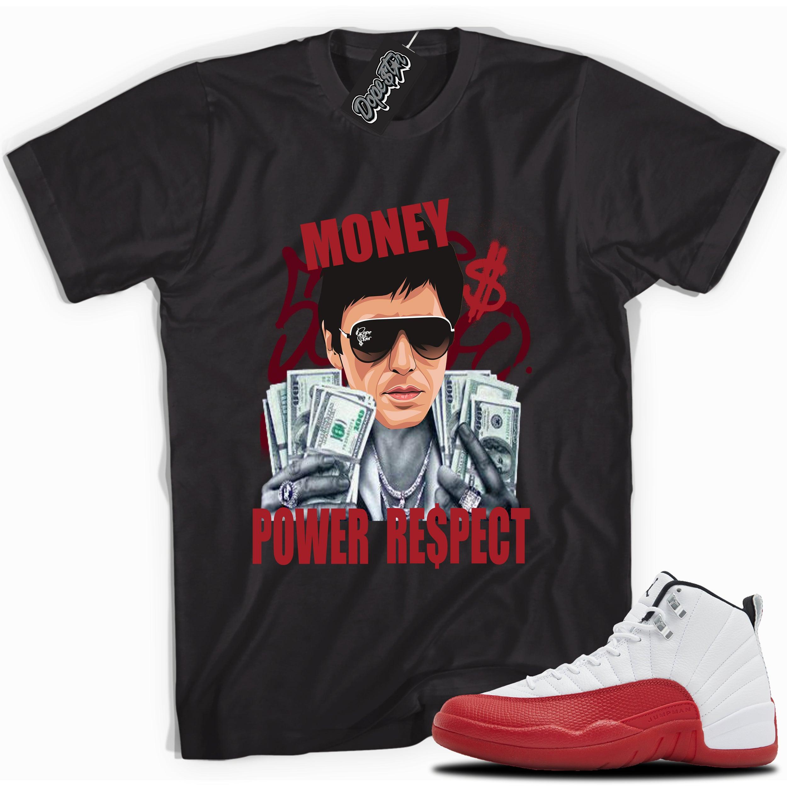 Cool Black graphic tee with “Tony Montana” print, that perfectly matches Air Jordan 12 Retro Cherry Red 2023 red and white sneakers 