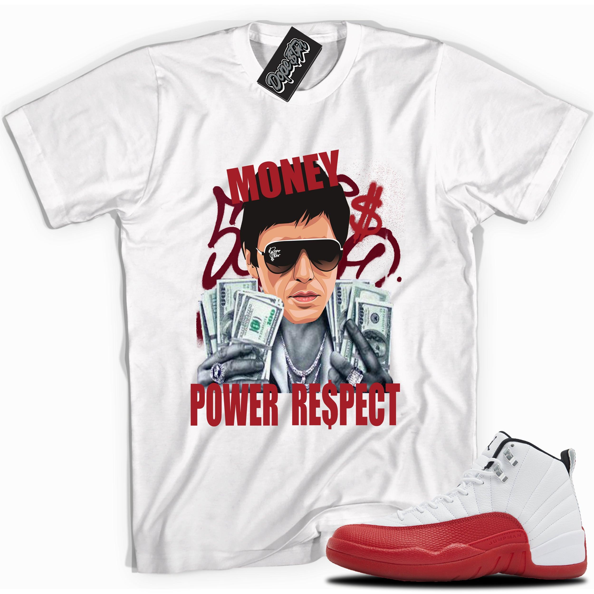 Cool White graphic tee with “Tony Montana” print, that perfectly matches Air Jordan 12 Retro Cherry Red 2023 red and white sneakers 