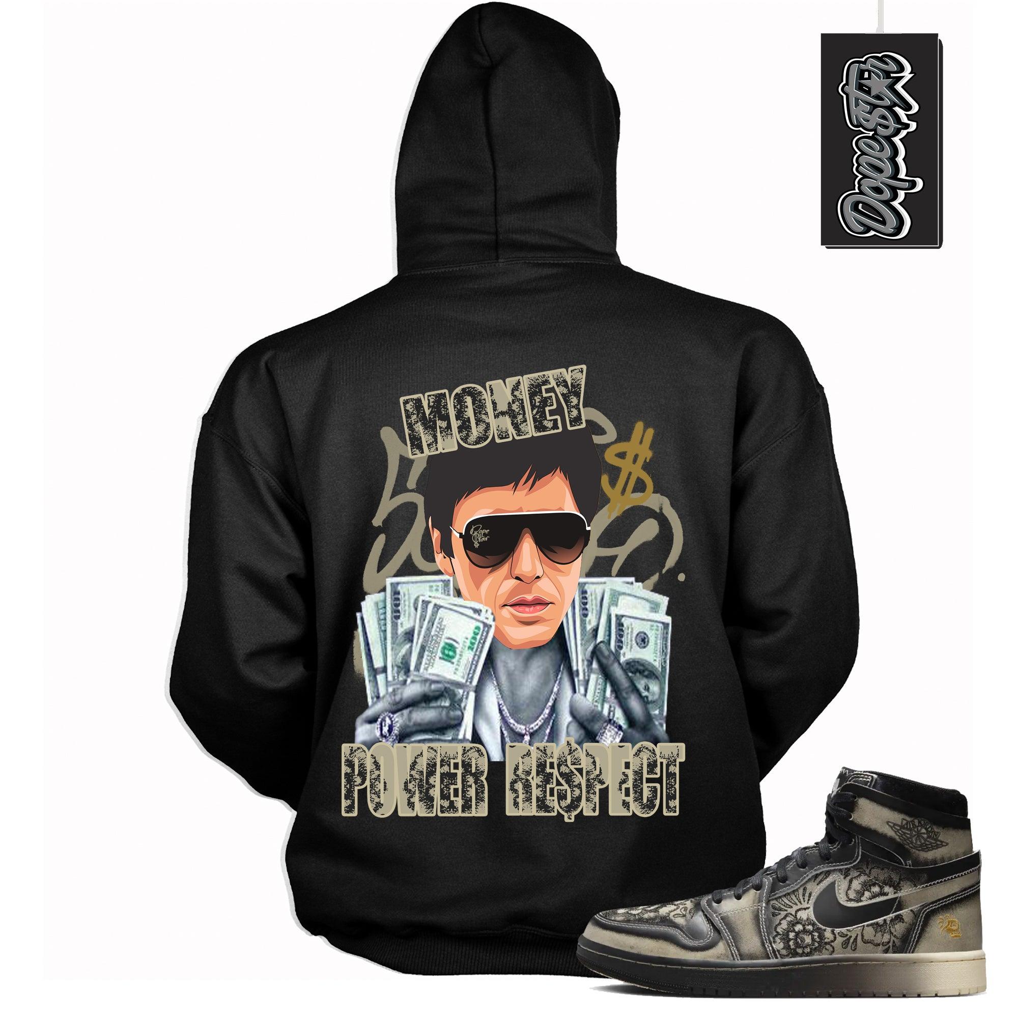 Cool Black Graphic Hoodie with “ Tony Montana “ print, that perfectly matches Air Jordan 1 High Zoom Comfort 2 Dia de Muertos Black and Pale Ivory sneakers