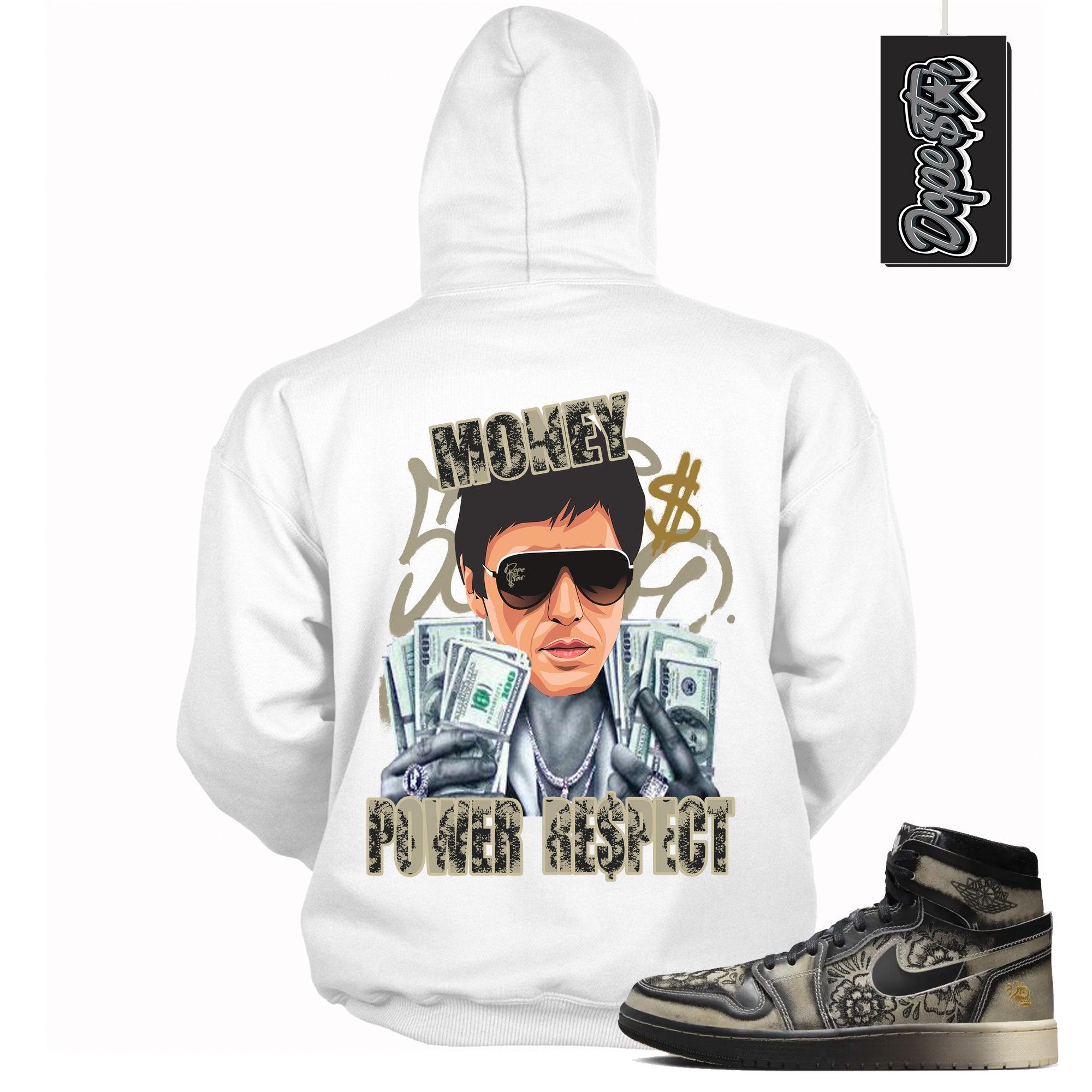 Cool White Graphic Hoodie with “ Tony Montana “ print, that perfectly matches Air Jordan 1 High Zoom Comfort 2 Dia de Muertos Black and Pale Ivory sneakers