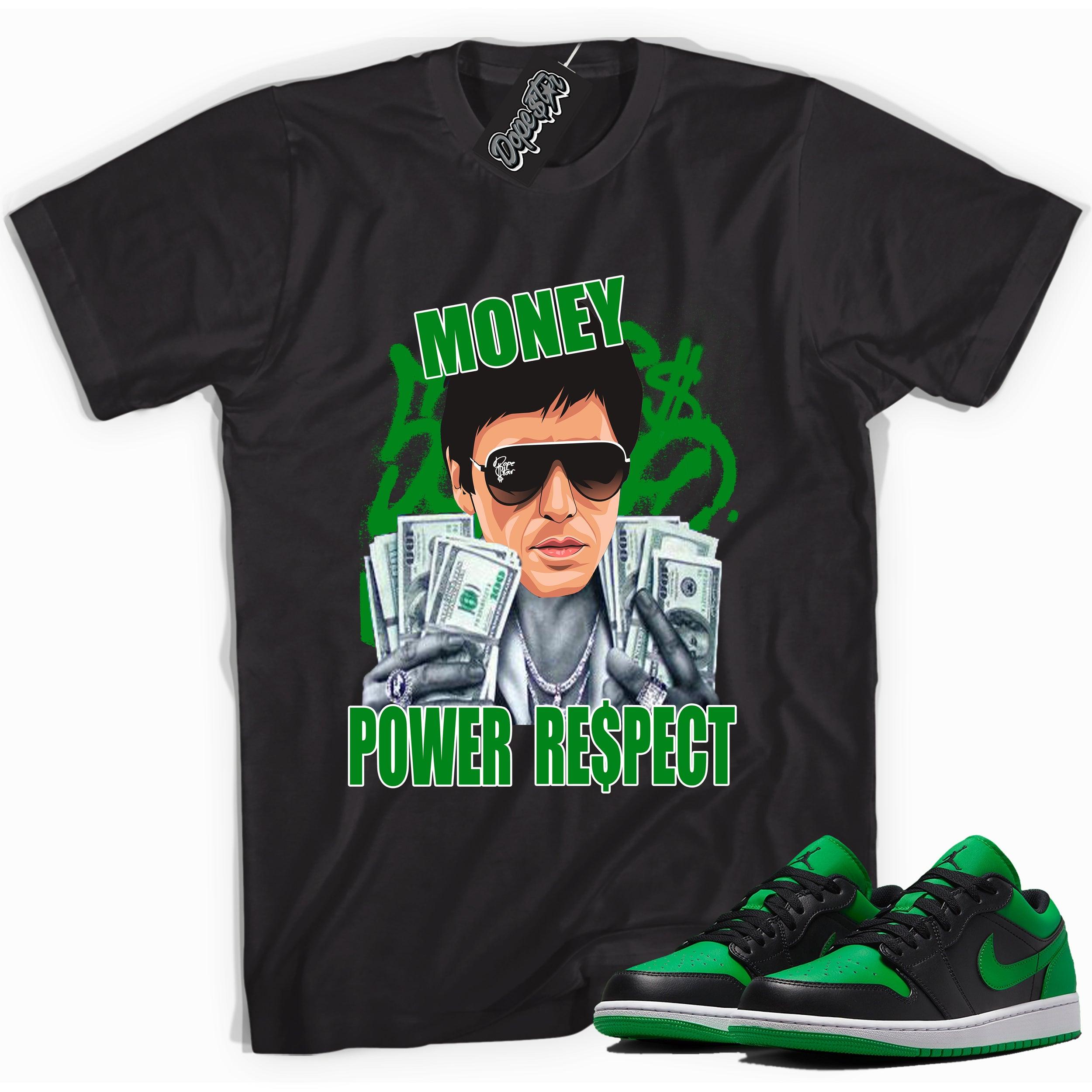 Cool black graphic tee with 'tony montana' print, that perfectly matches Air Jordan 1 Low Lucky Green sneakers