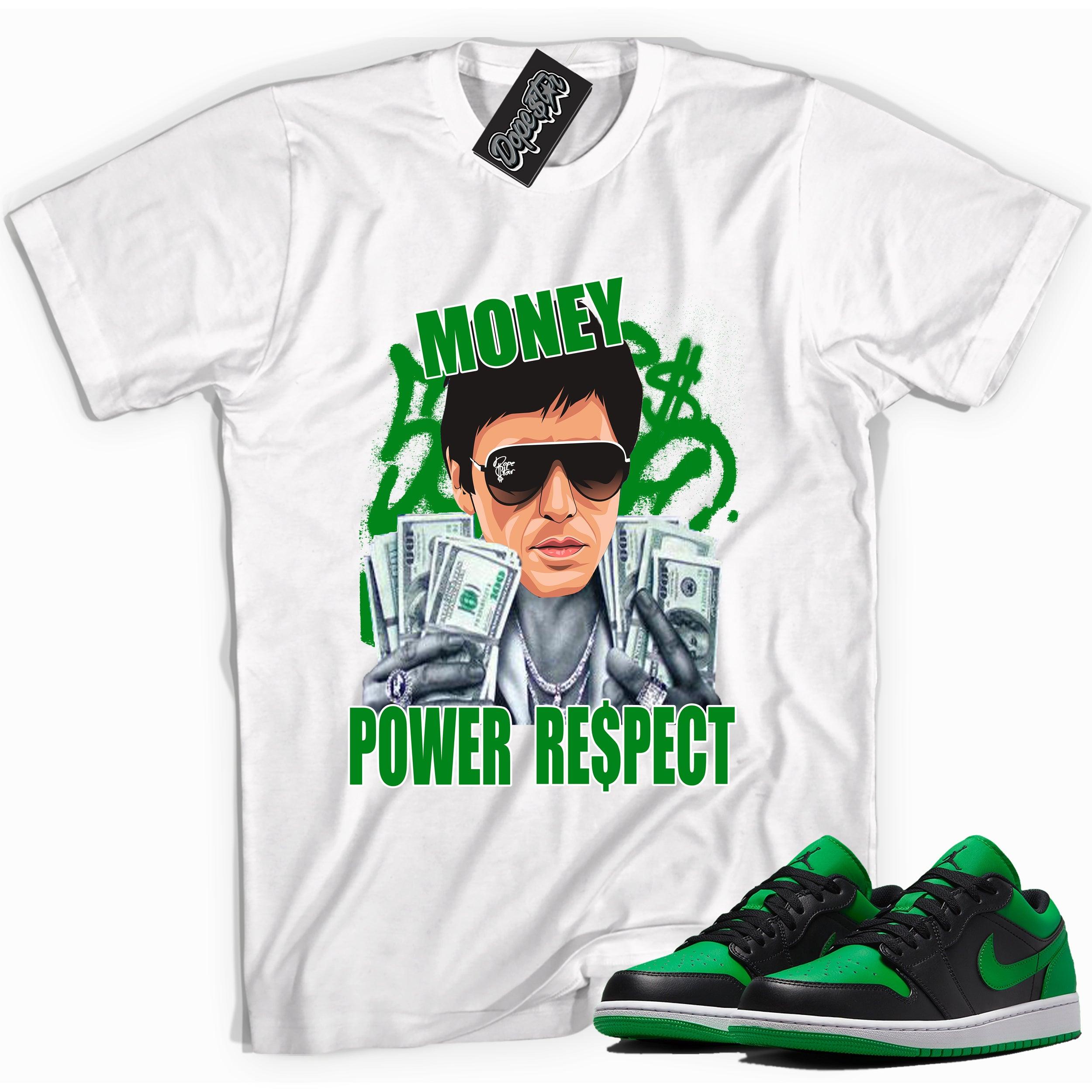 Cool white graphic tee with 'tony montana' print, that perfectly matches Air Jordan 1 Low Lucky Green sneakers