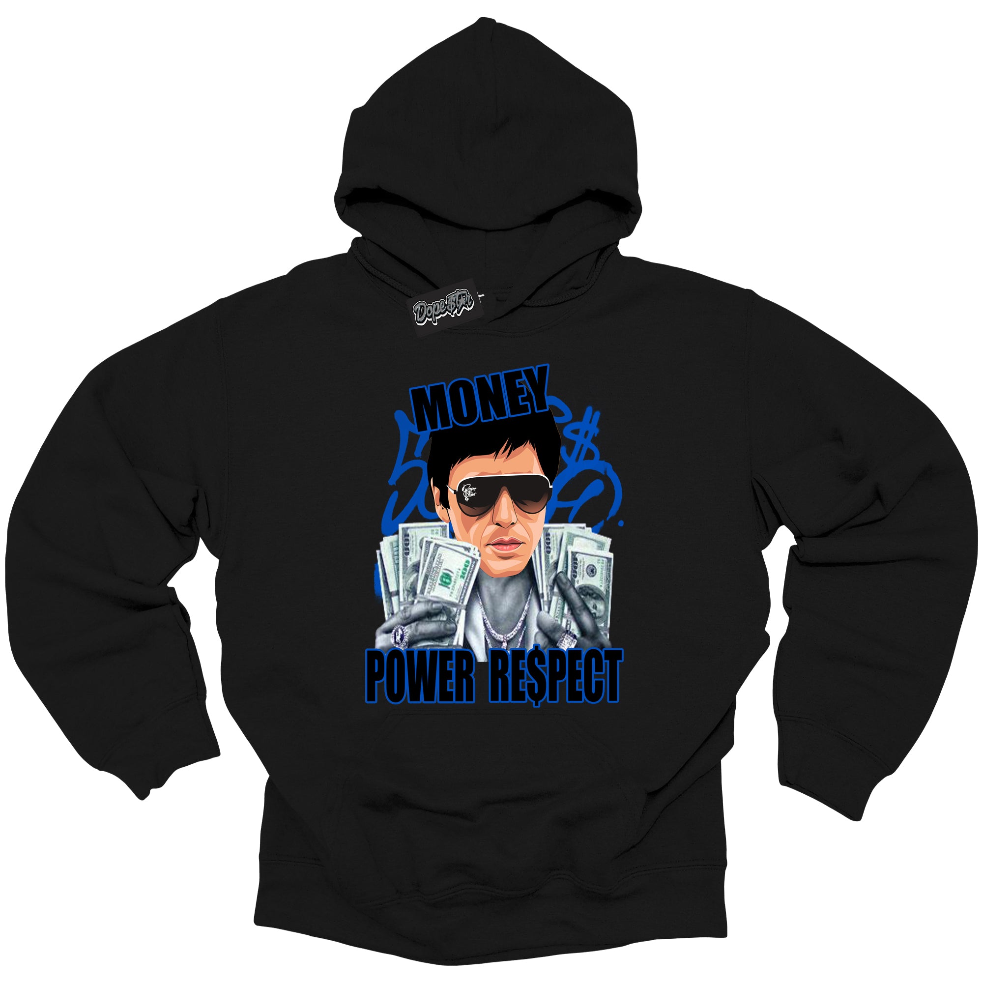 Cool Black Hoodie with “ Tony Montana ”  design that Perfectly Matches  Royal Reimagined 1s Sneakers.