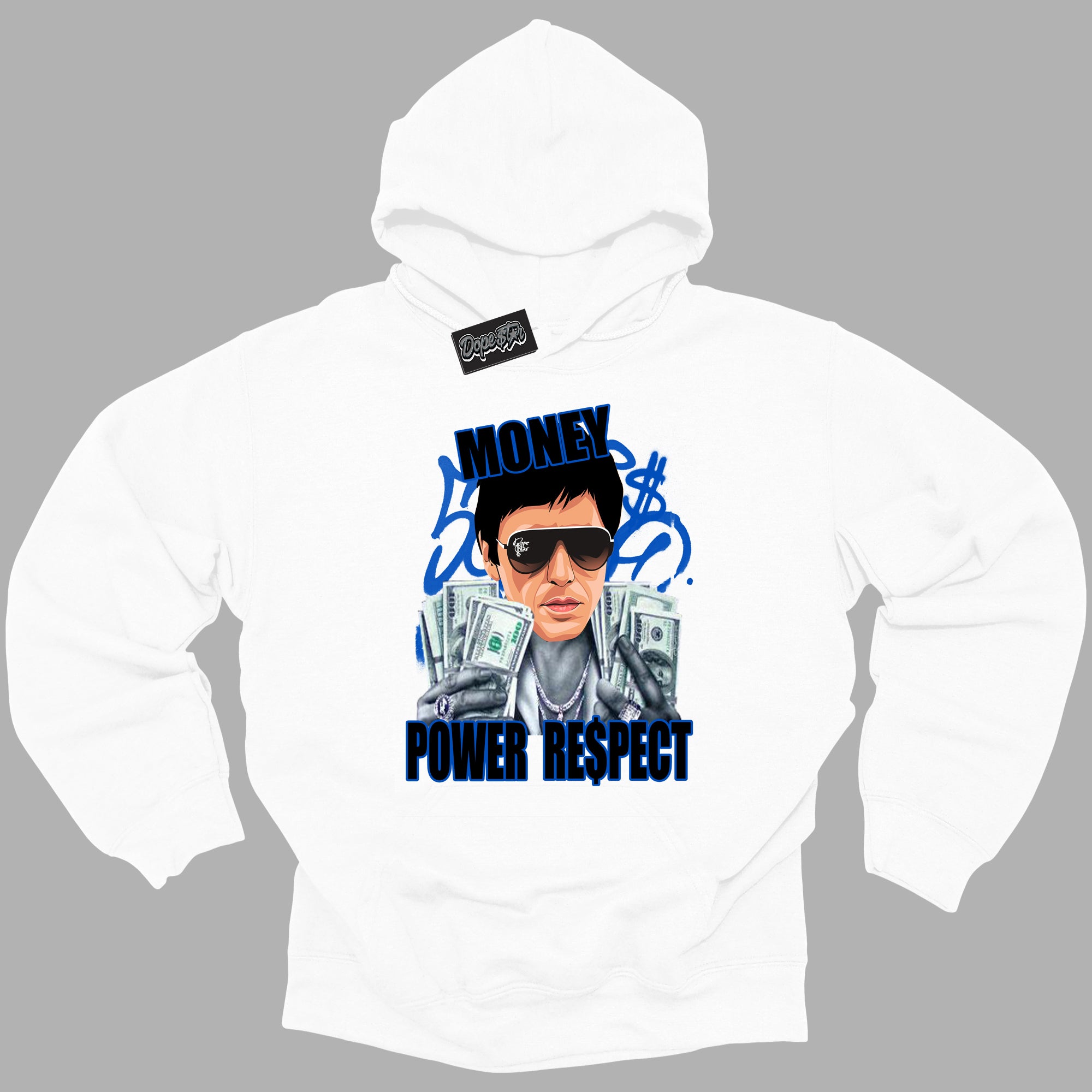 Cool White Hoodie with “ Tony Montana ”  design that Perfectly Matches Royal Reimagined 1s Sneakers.