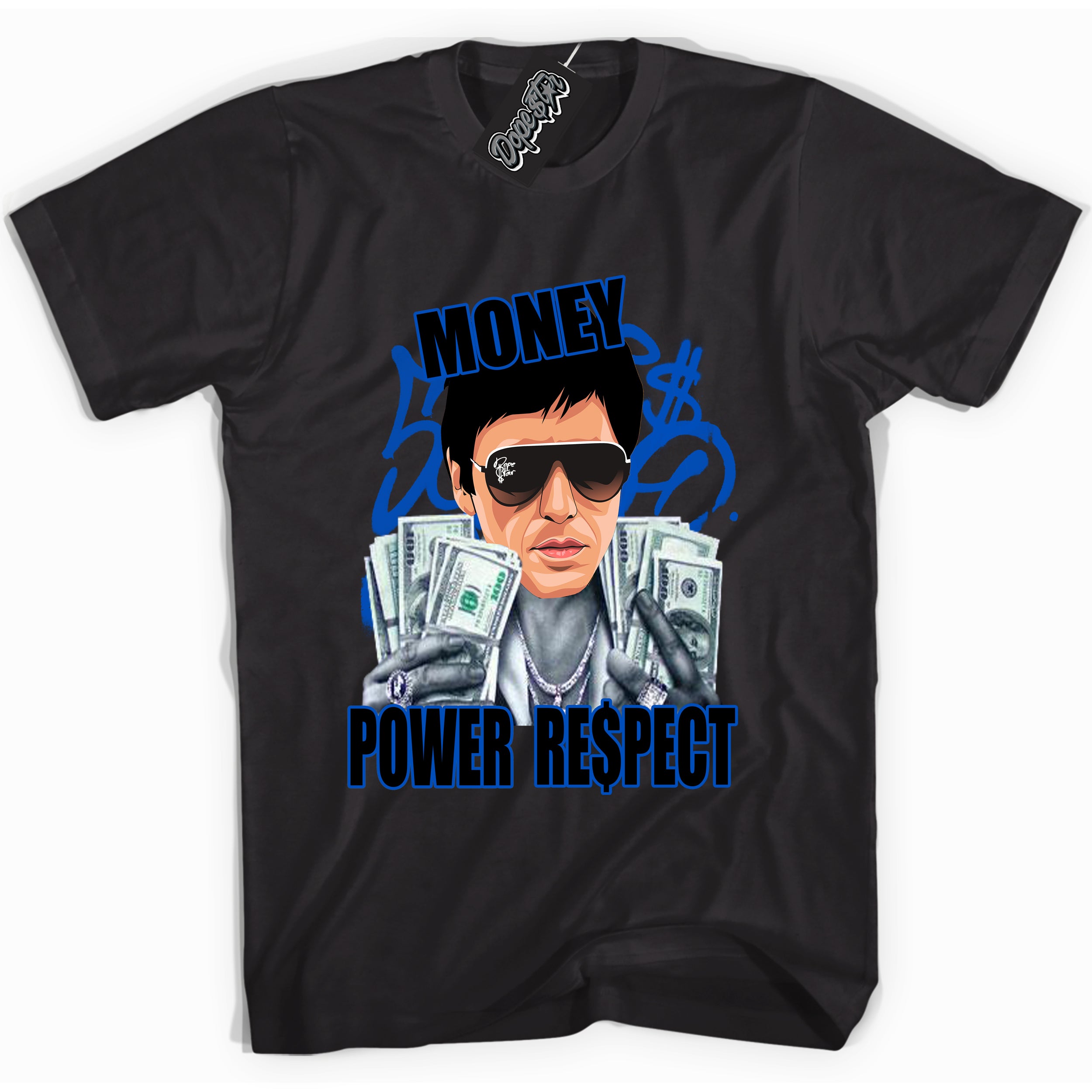 Cool Black graphic tee with Tony Montana print, that perfectly matches OG Royal Reimagined 1s sneakers 