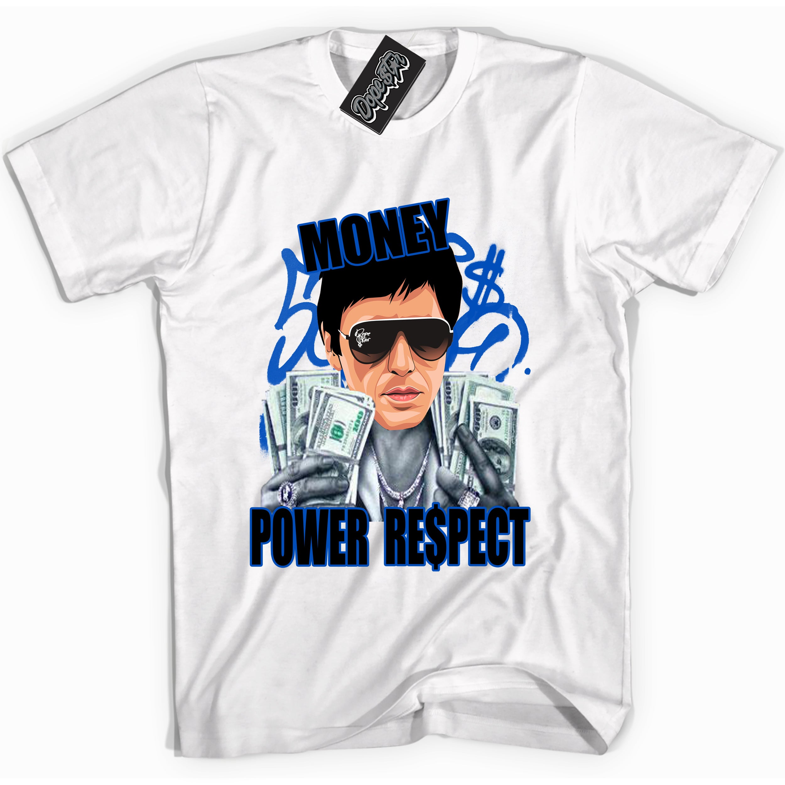 Cool White graphic tee with Tony Montana print, that perfectly matches OG Royal Reimagined 1s sneakers 