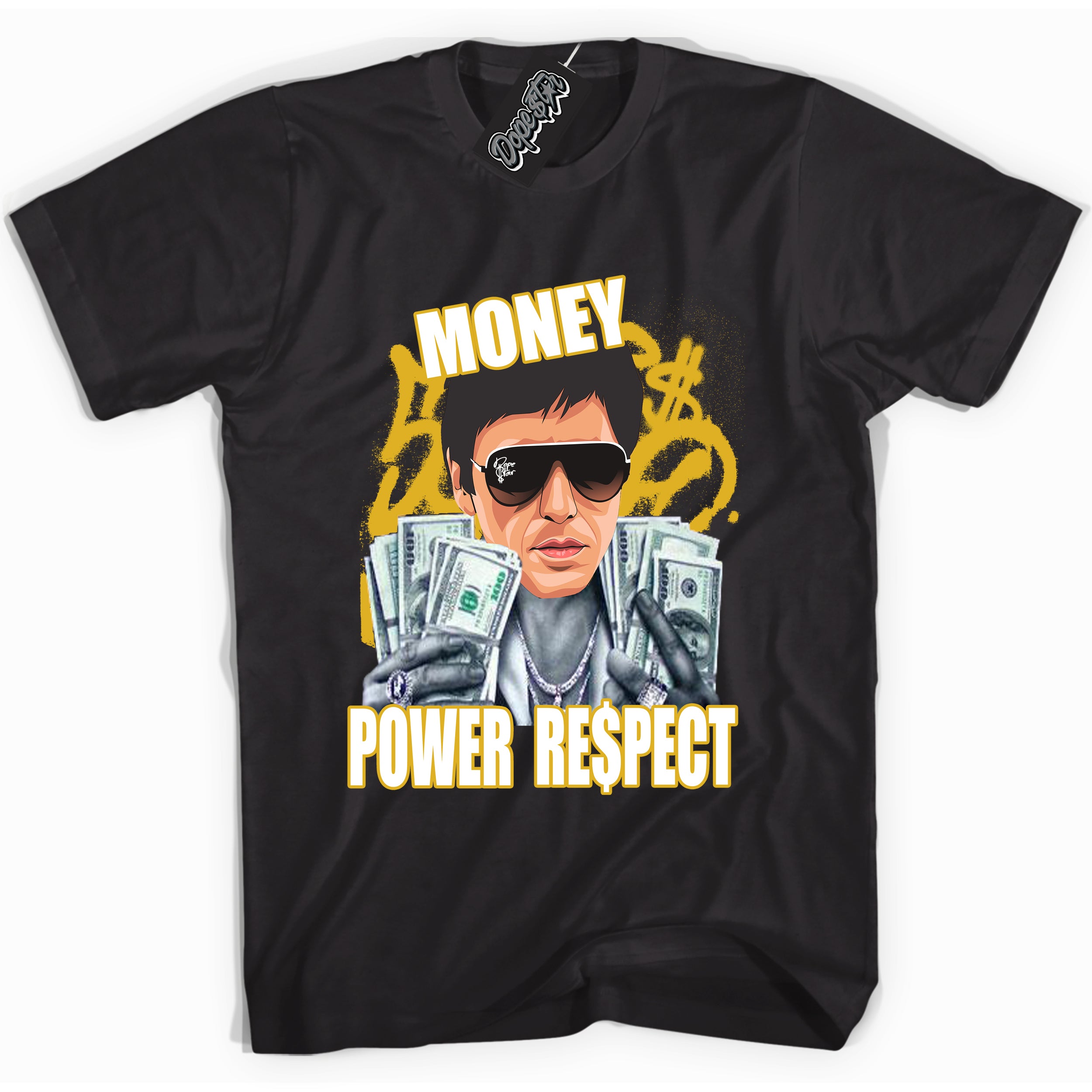 Cool Black Shirt with “ Tony Montana ” design that perfectly matches Yellow Ochre 6s Sneakers.