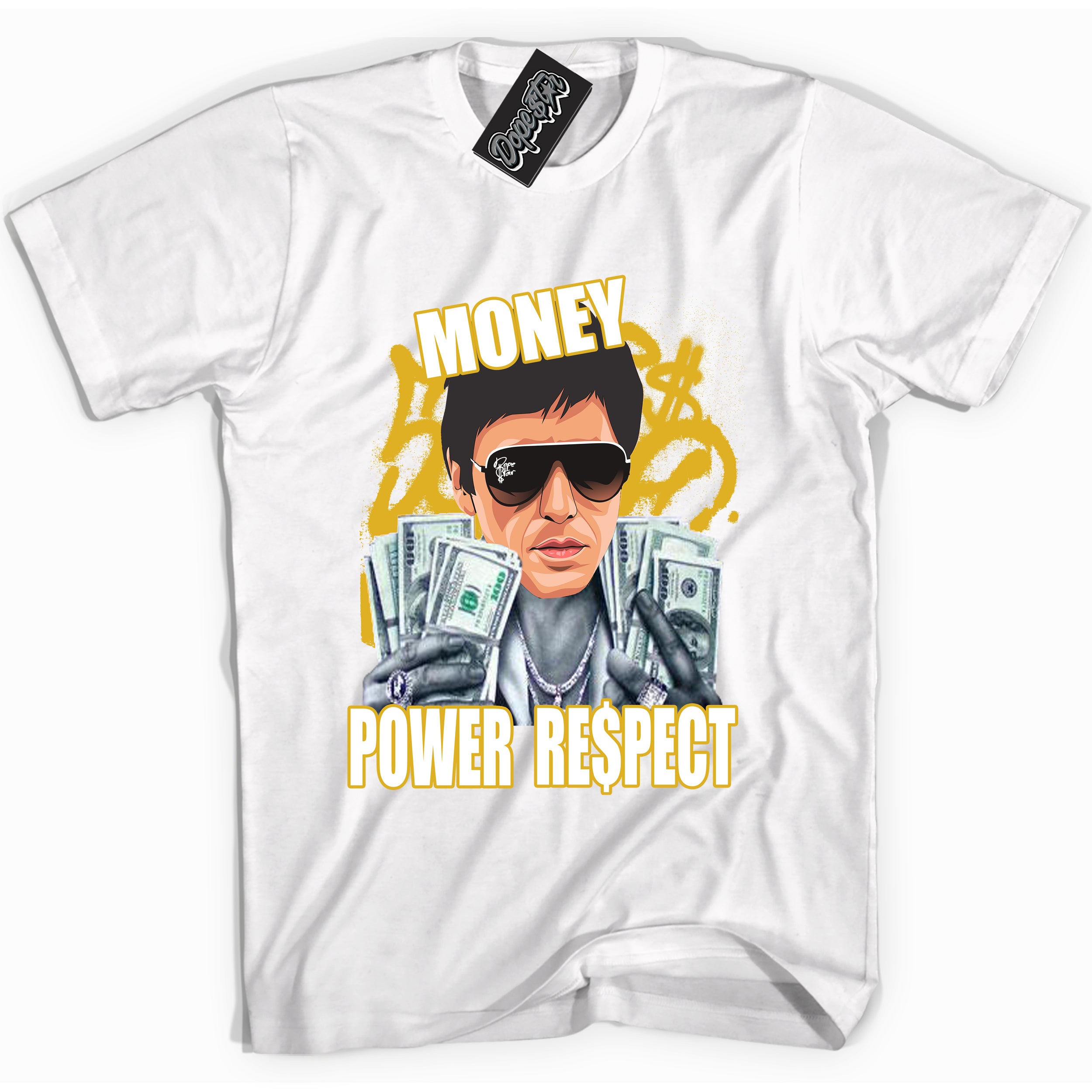 Cool White Shirt with “ Tony Montana” design that perfectly matches Yellow Ochre 6s Sneakers.