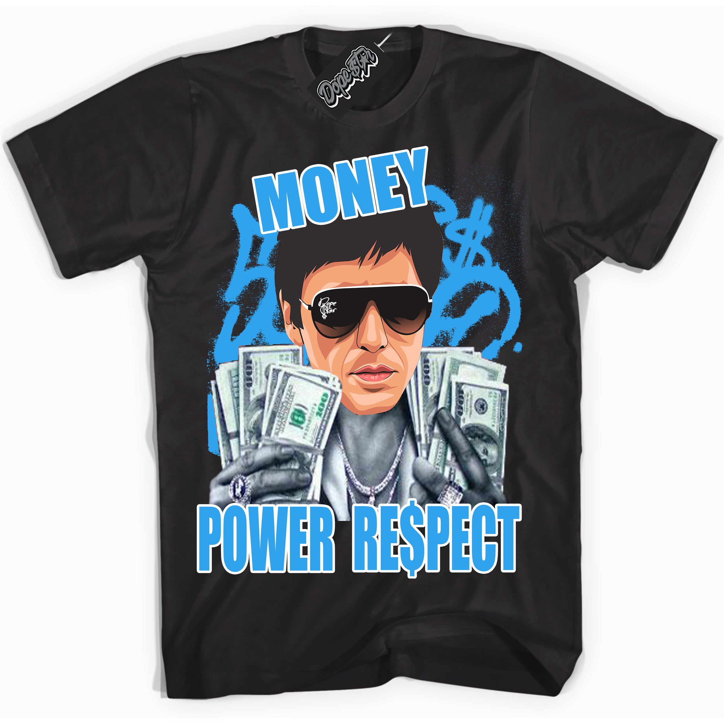 Cool Black graphic tee with “ Tony Montana ” design, that perfectly matches Powder Blue 9s sneakers 