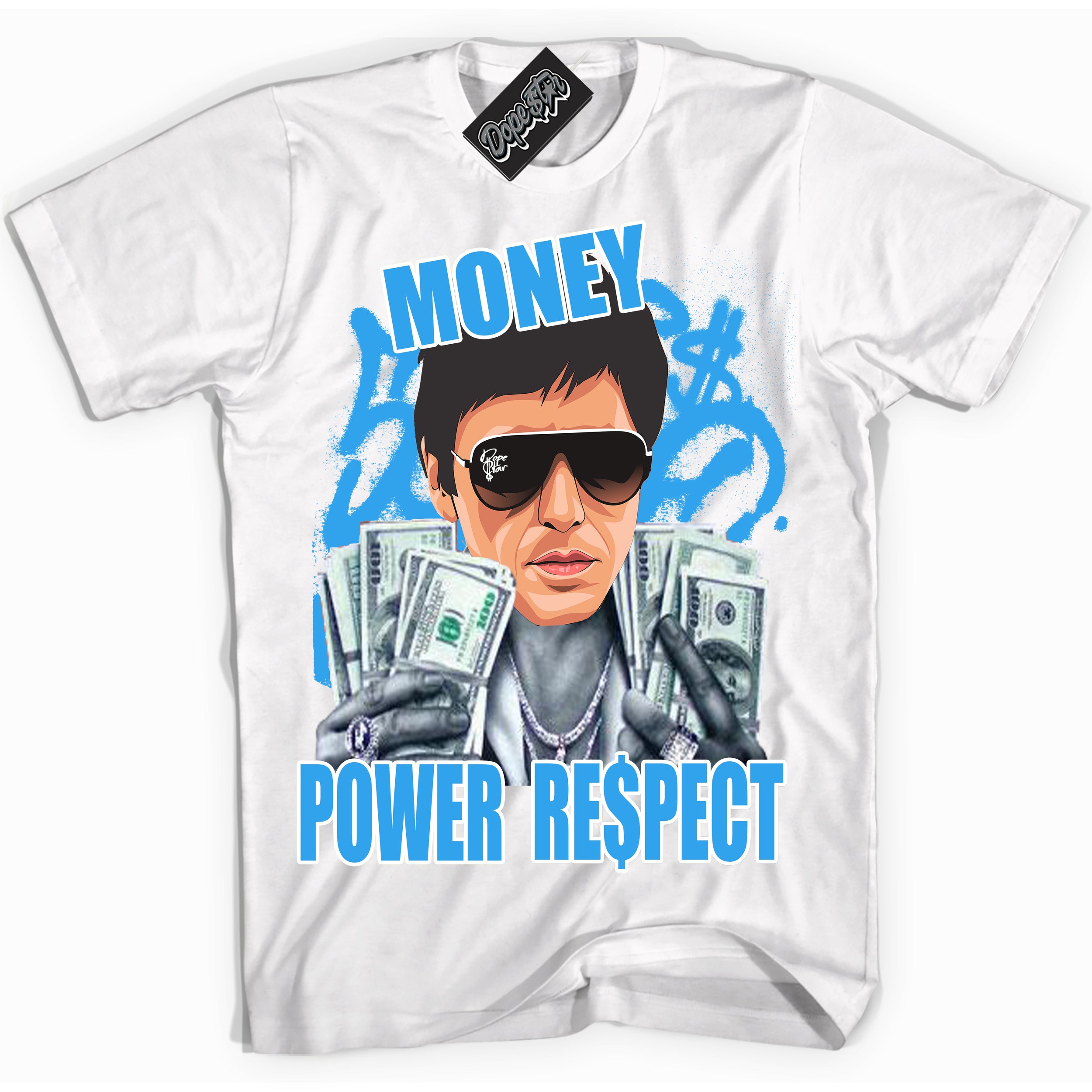Cool White graphic tee with “ Tony Montana ” design, that perfectly matches Powder Blue 9s sneakers 