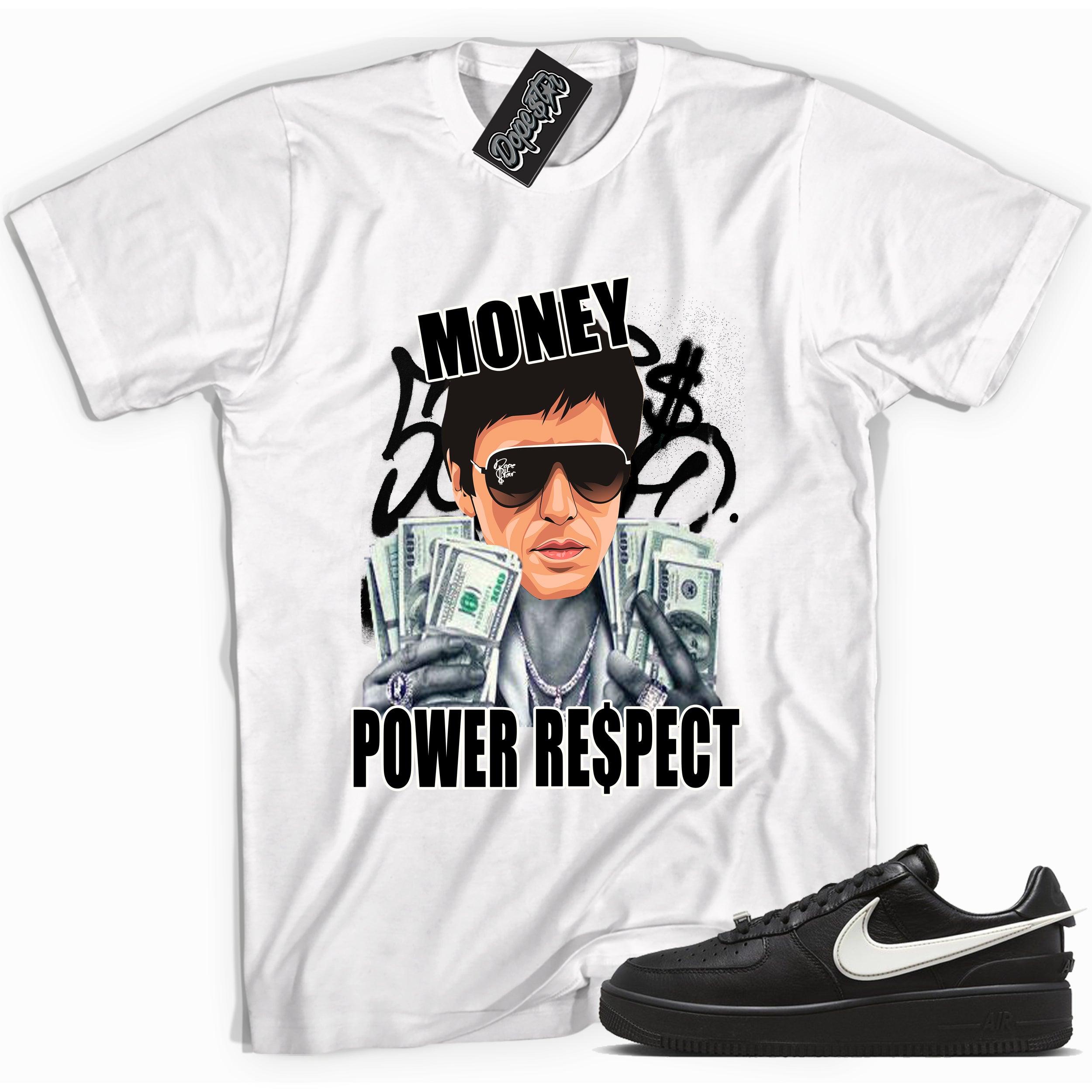Cool white graphic tee with 'money power respect' print, that perfectly matches Nike Air Force 1 Low SP Ambush Phantom sneakers.