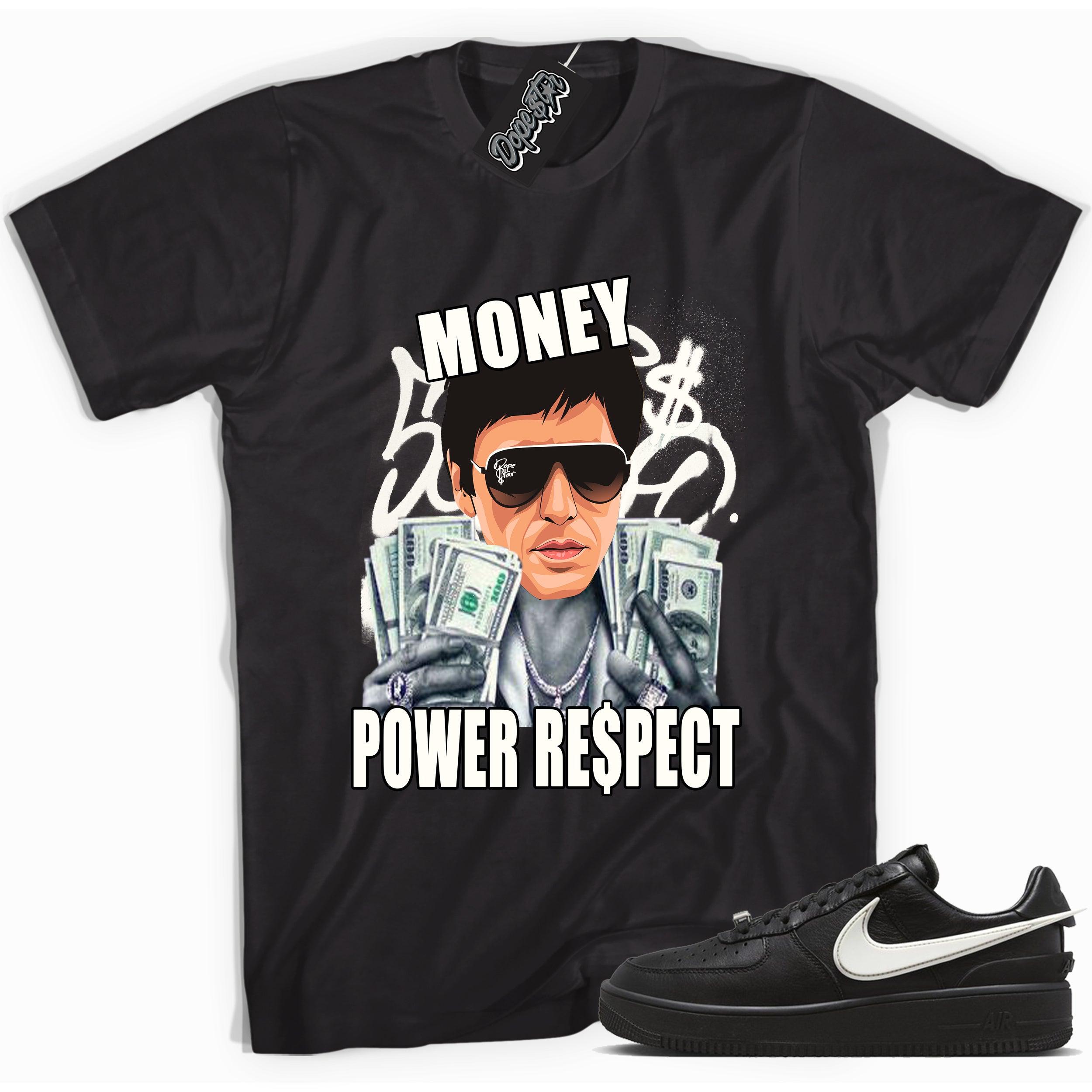 Cool black graphic tee with 'money power respect' print, that perfectly matches Nike Air Force 1 Low SP Ambush Phantom sneakers.