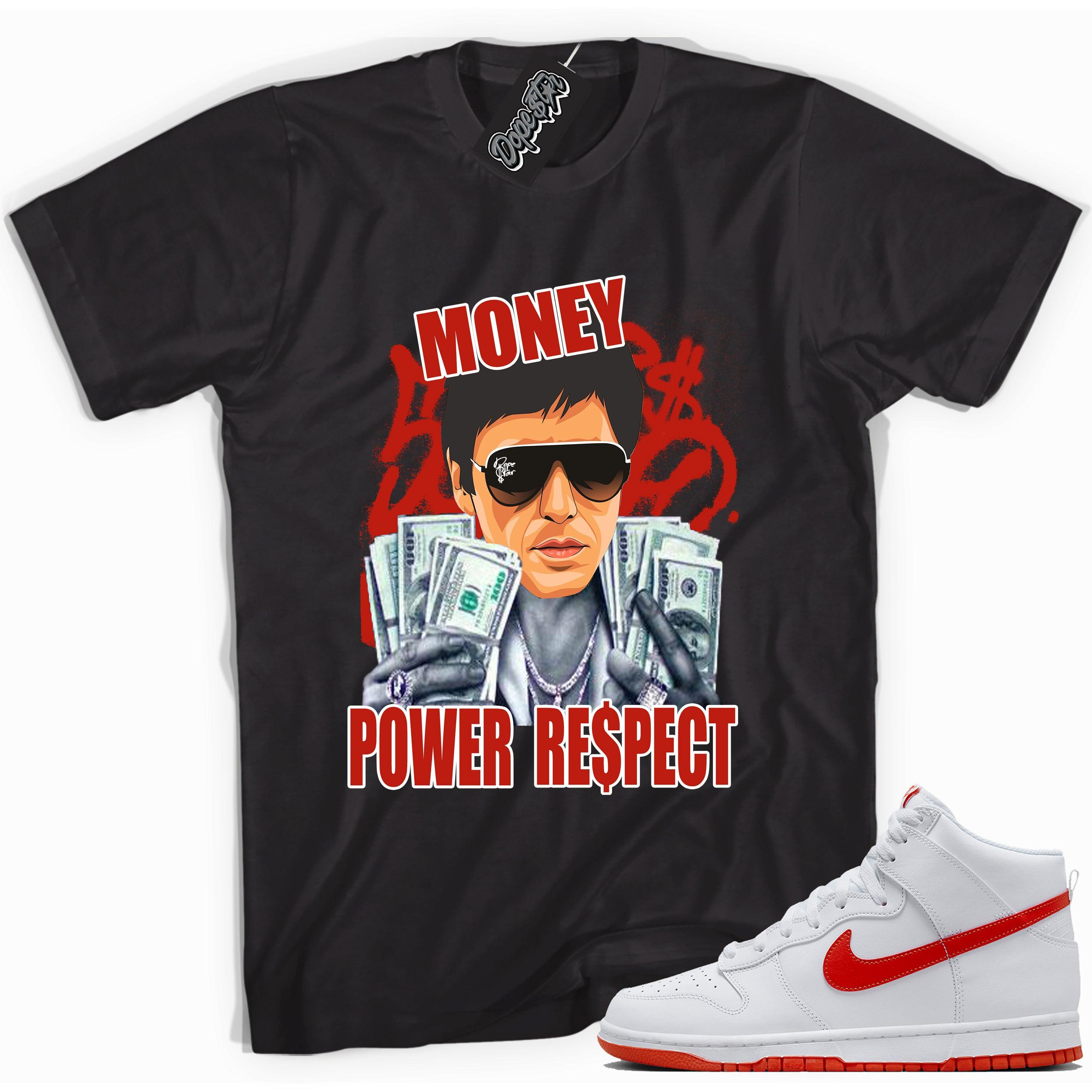Cool black graphic tee with 'tony montana' print, that perfectly matches Nike Dunk High White Picante Red sneakers.