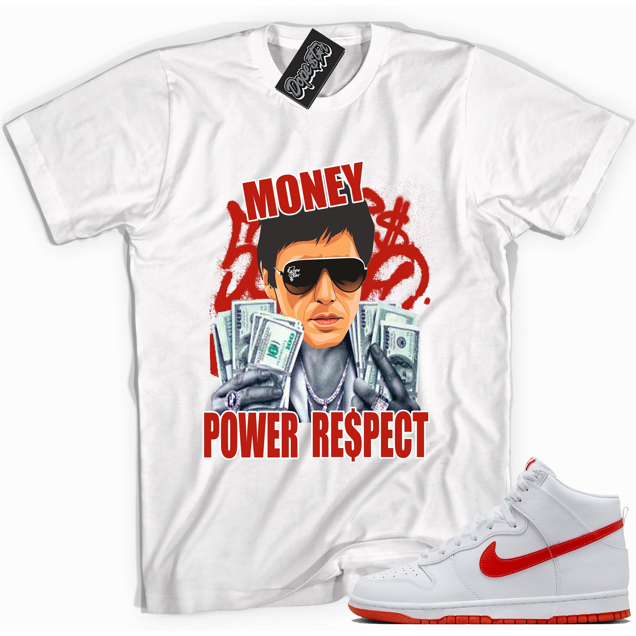 Cool white graphic tee with 'tony montana' print, that perfectly matches Nike Dunk High White Picante Red sneakers.