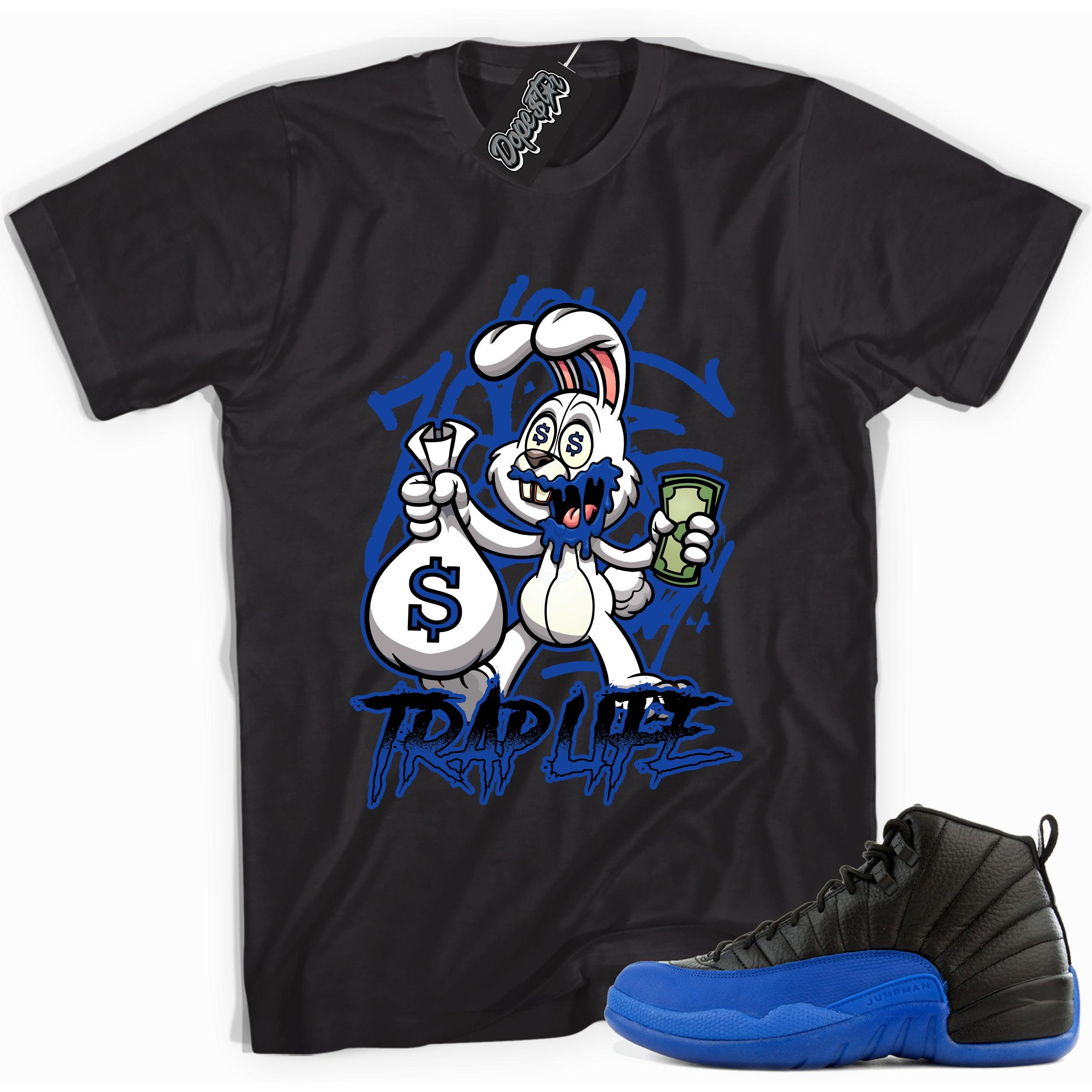 Cool black graphic tee with 'trap rabbit' print, that perfectly matches  Air Jordan 12 Retro Black Game Royal sneakers.