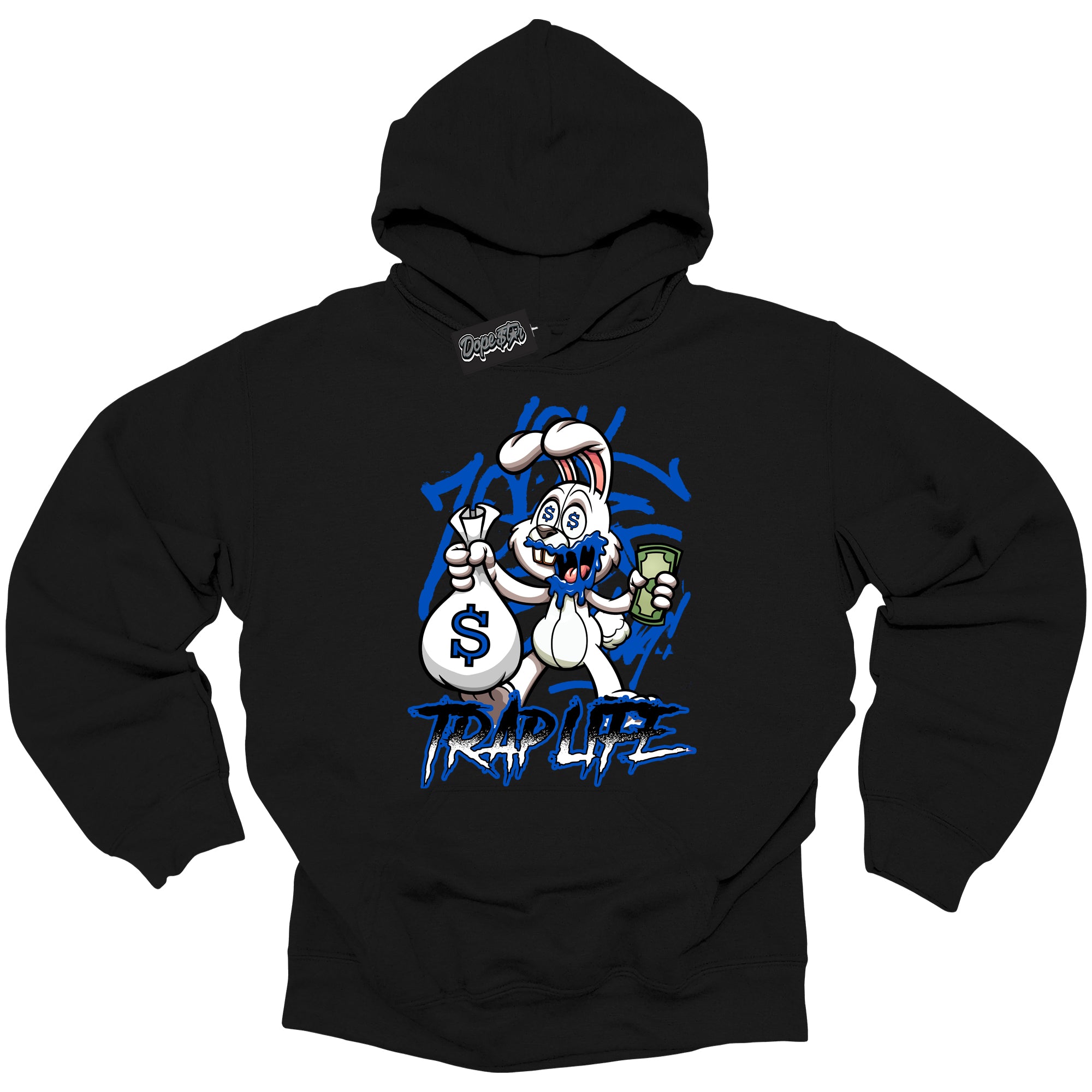 Cool Black Hoodie with “ Trap Rabbit ”  design that Perfectly Matches  Royal Reimagined 1s Sneakers.