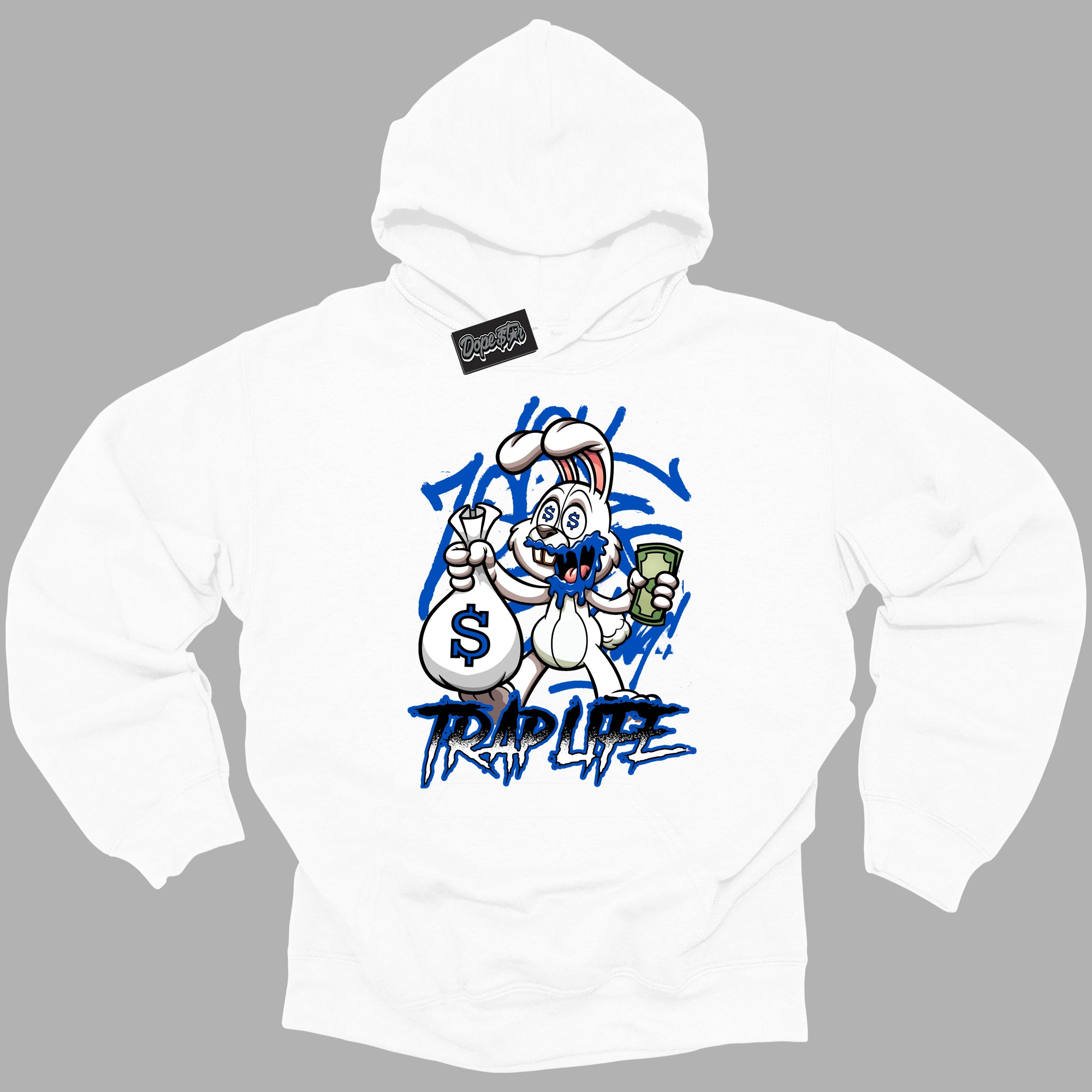 Cool White Hoodie with “ Trap Rabbit ”  design that Perfectly Matches Royal Reimagined 1s Sneakers.