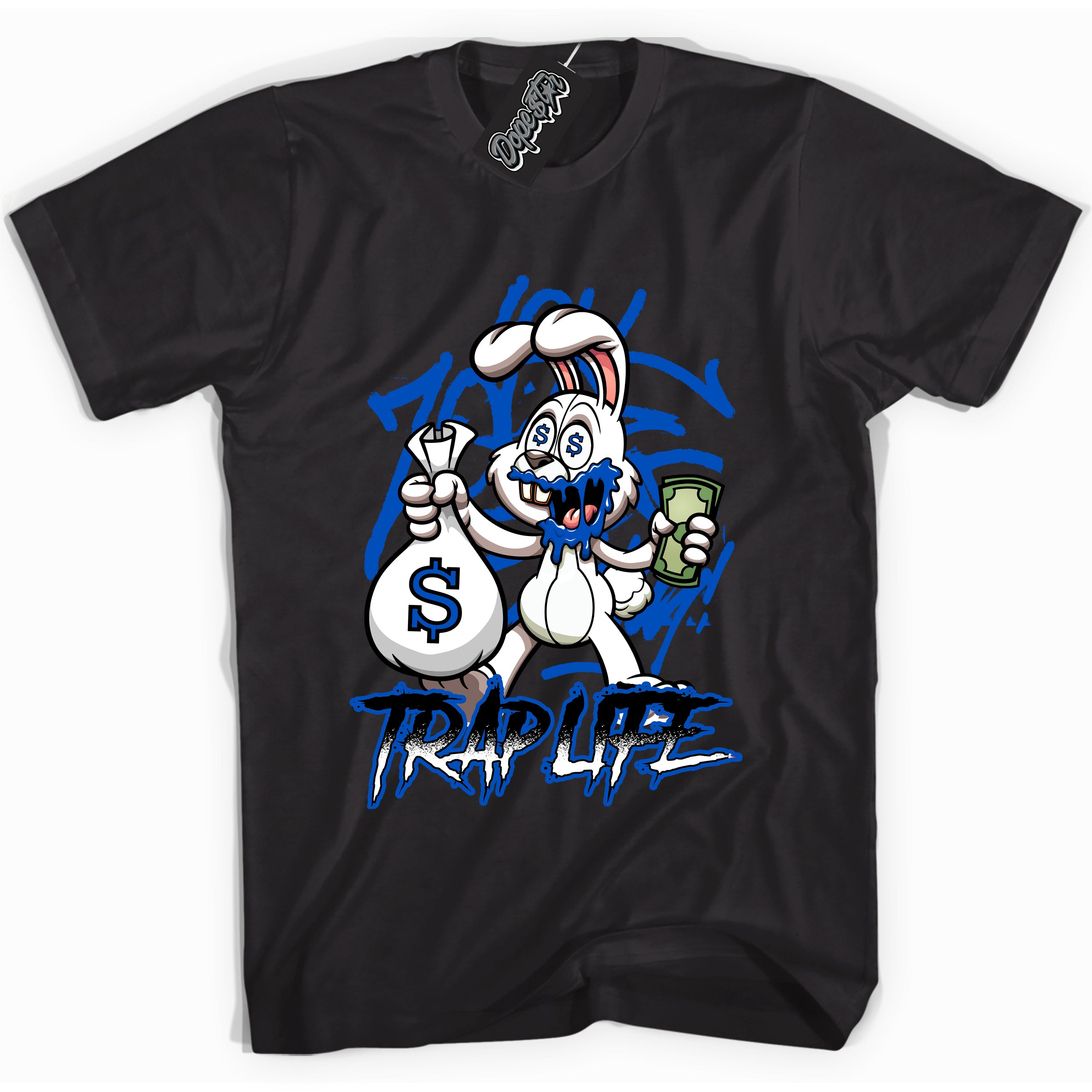 Cool Black graphic tee with "Trap Rabbit" design, that perfectly matches Royal Reimagined 1s sneakers 