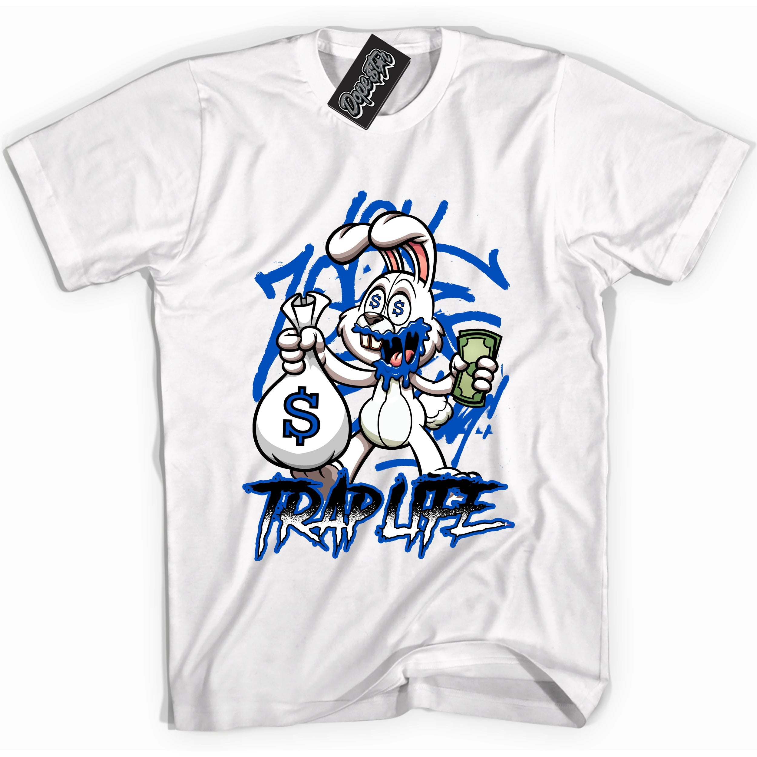 Cool White graphic tee with "Trap Rabbit" design, that perfectly matches Royal Reimagined 1s sneakers 