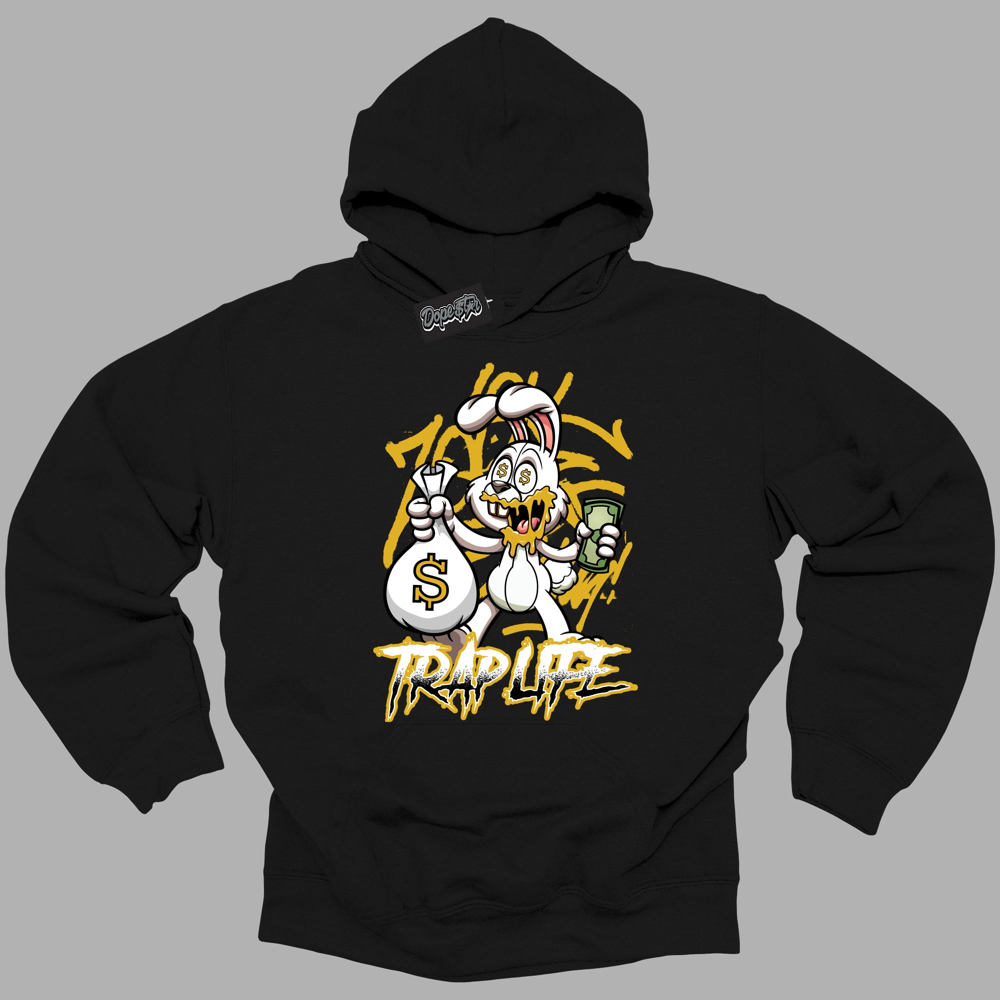 Cool Black Hoodie with “ Trap Rabbit ”  design that Perfectly Matches Yellow Ochre 6s Sneakers.