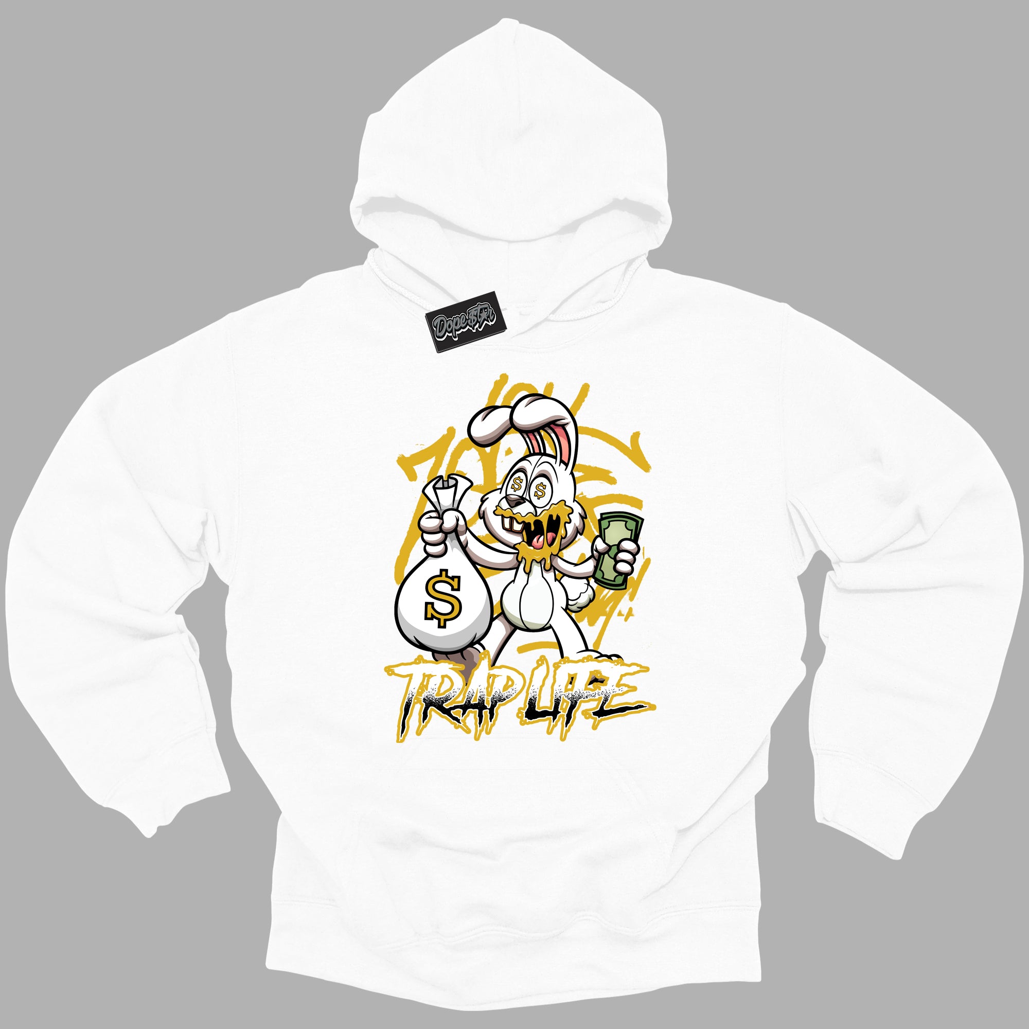 Cool White Hoodie with “ Trap Rabbit ”  design that Perfectly Matches Yellow Ochre 6s Sneakers.