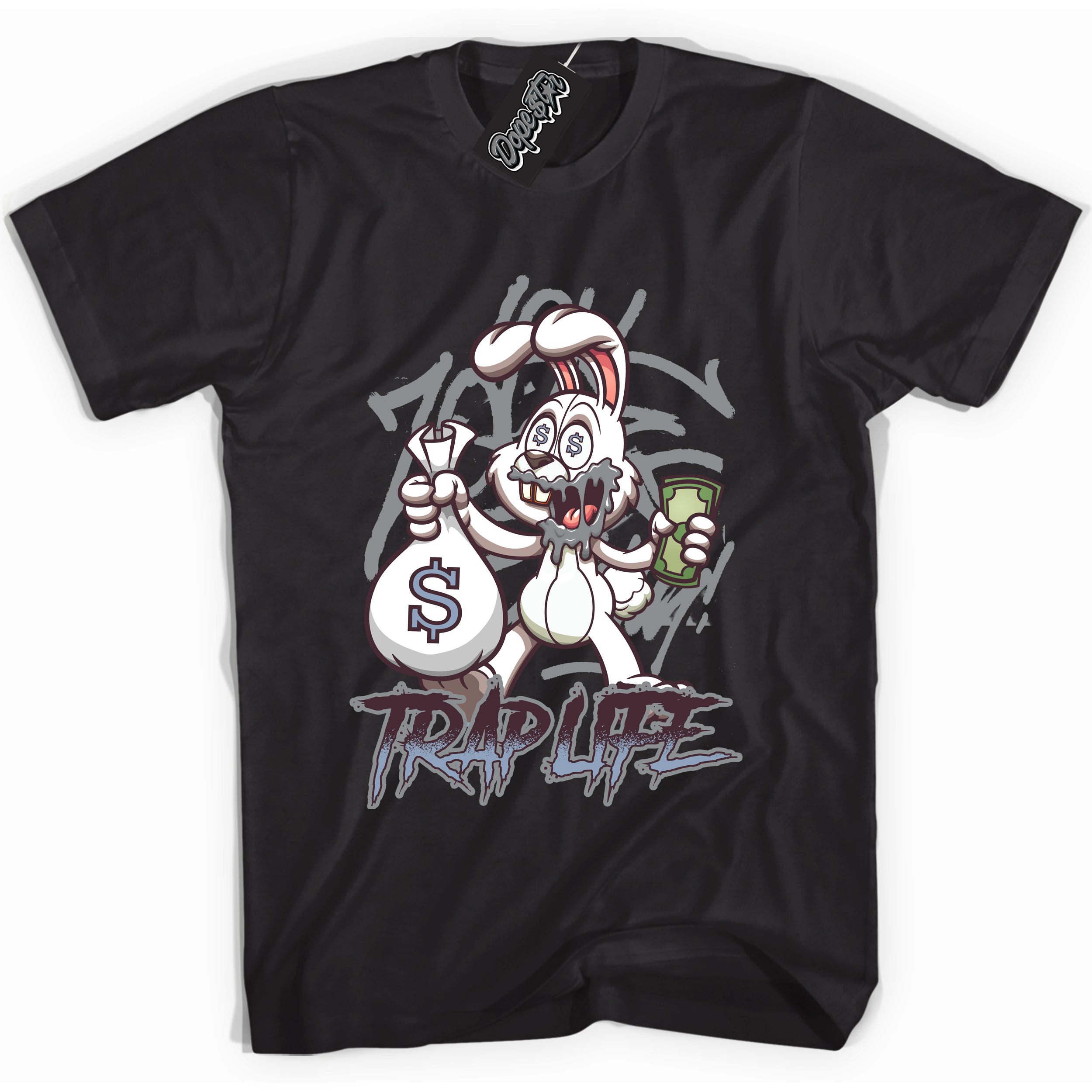 Cool Black Shirt with “ Trap Rabbit” design that perfectly matches Burgundy 5s Sneakers.