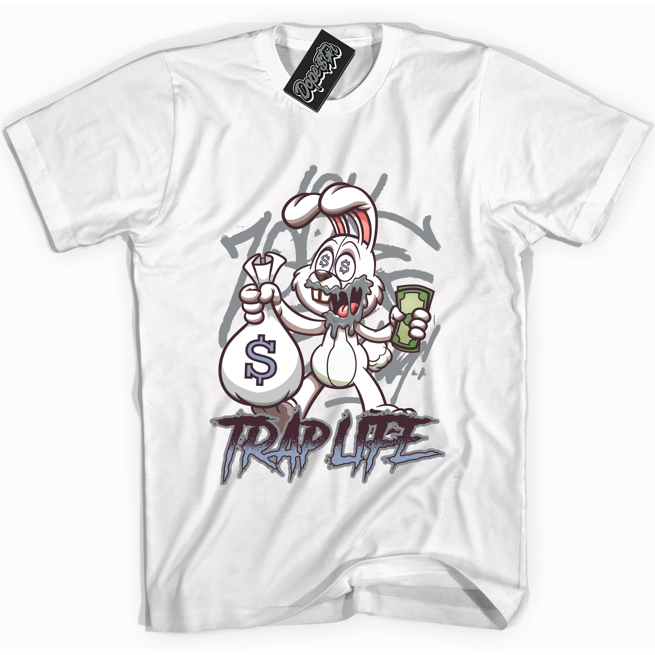 Cool White Shirt with “ Trap Rabbit” design that perfectly matches Burgundy 5s Sneakers.