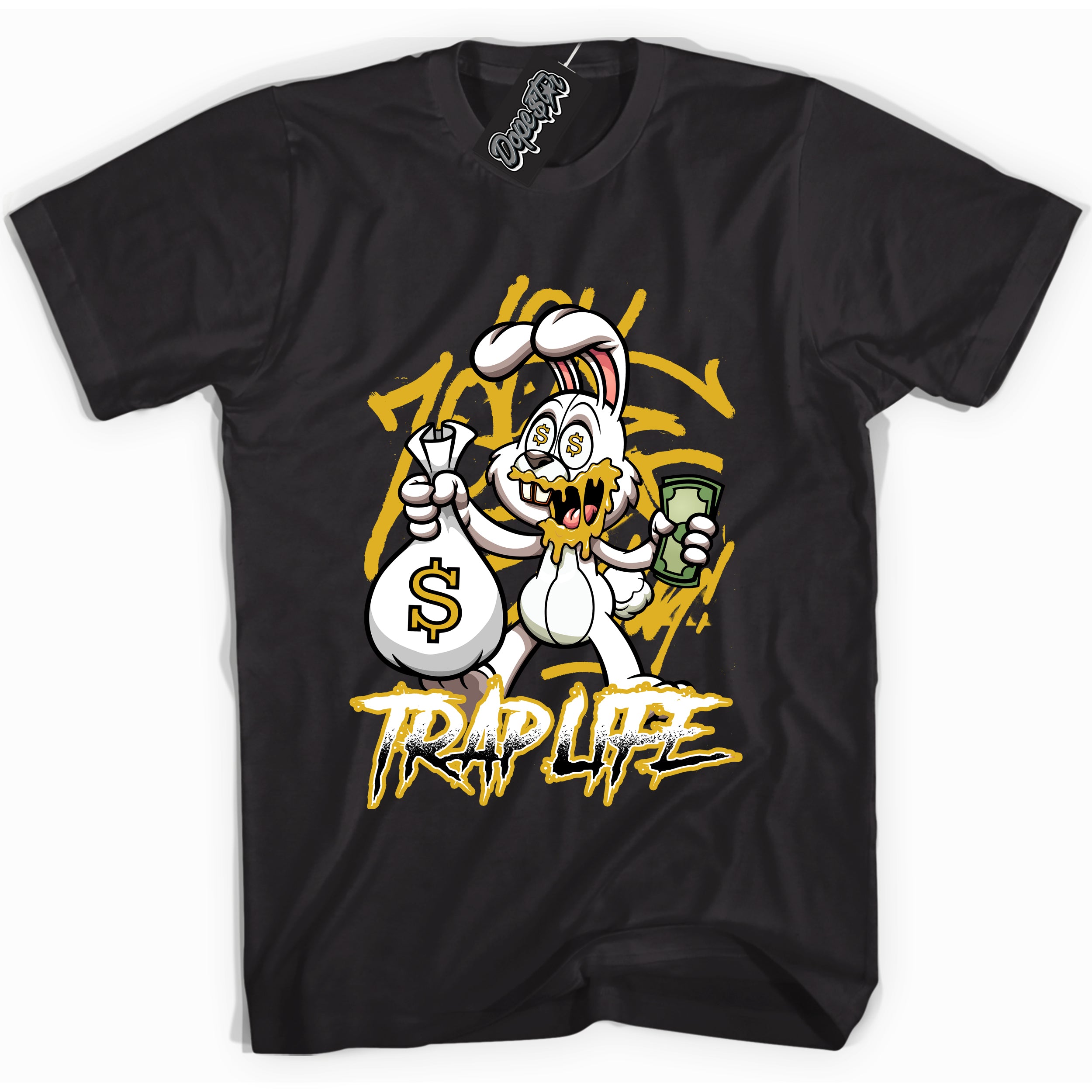 Cool Black Shirt with “ Trap Rabbit ” design that perfectly matches Yellow Ochre 6s Sneakers.