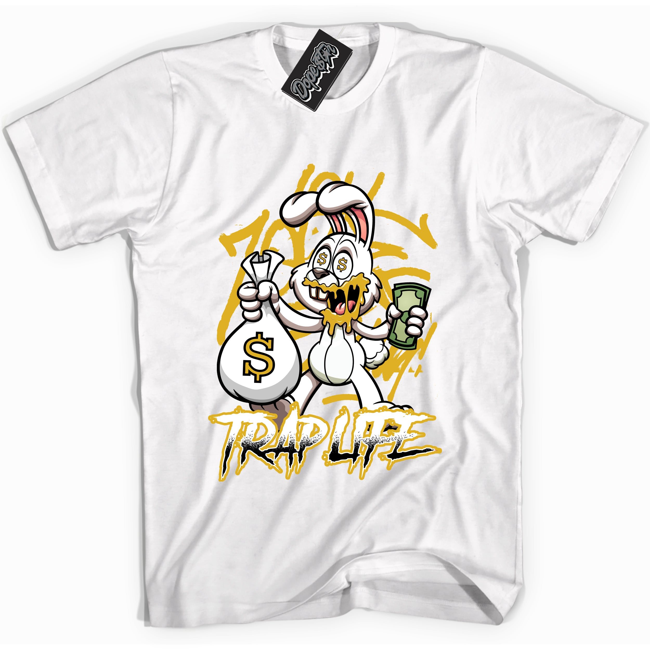 Cool White Shirt with “ Trap Rabbit” design that perfectly matches Yellow Ochre 6s Sneakers.
