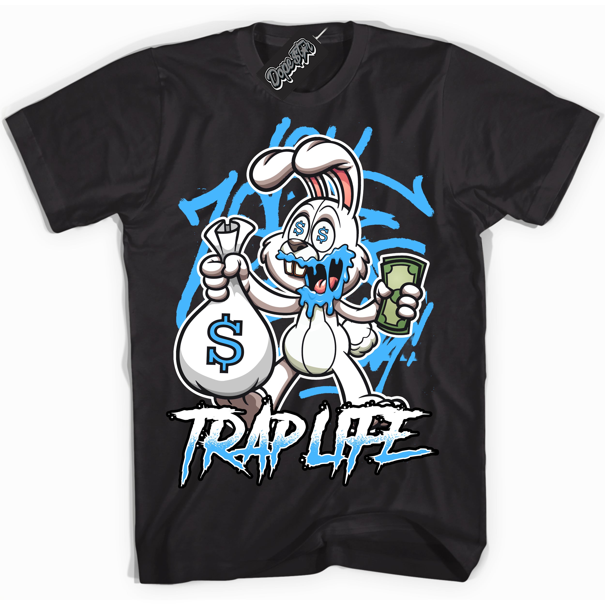 Cool Black graphic tee with “ Trap Rabbit ” design, that perfectly matches Powder Blue 9s sneakers 