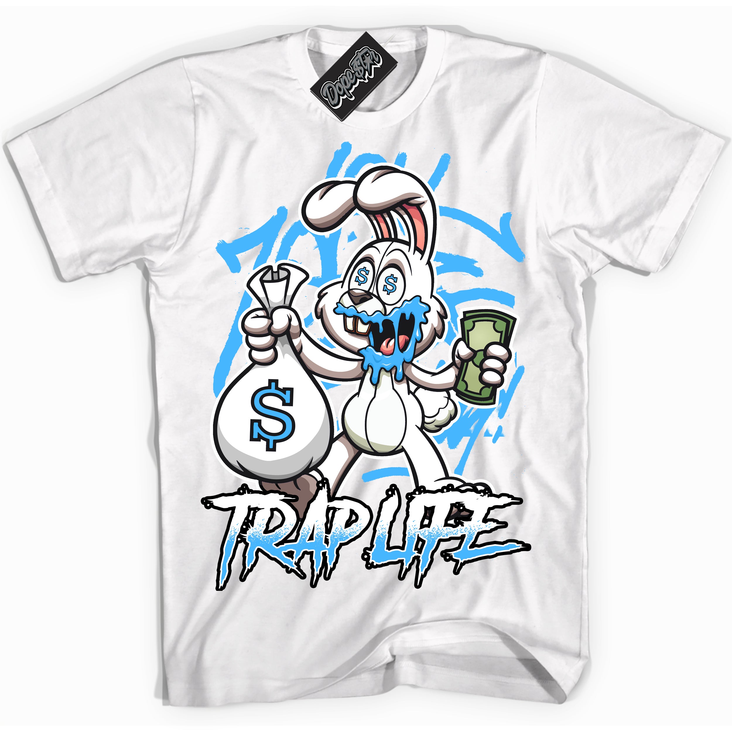 Cool White graphic tee with “ Trap Rabbit ” design, that perfectly matches Powder Blue 9s sneakers 