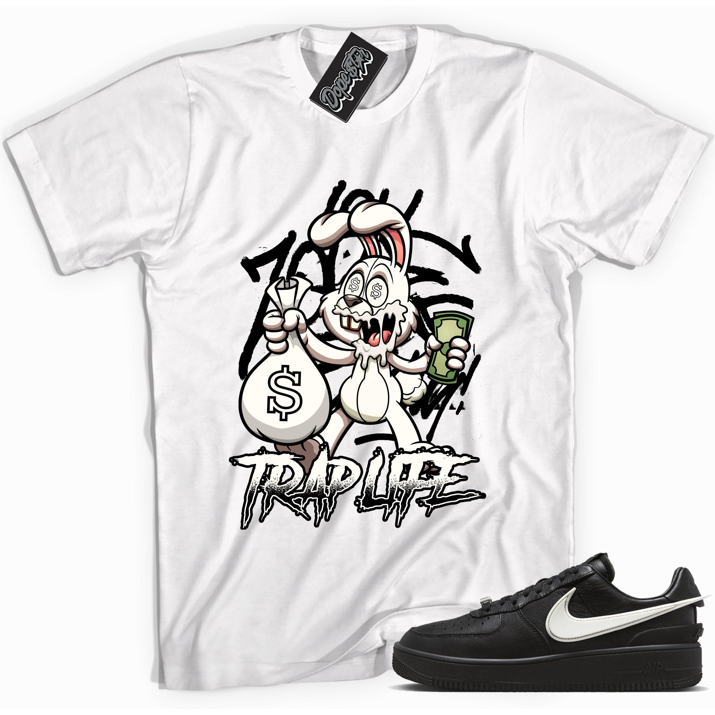 Cool white graphic tee with 'trap rabbit' print, that perfectly matches Nike Air Force 1 Low Ambush Phantom Black sneakers