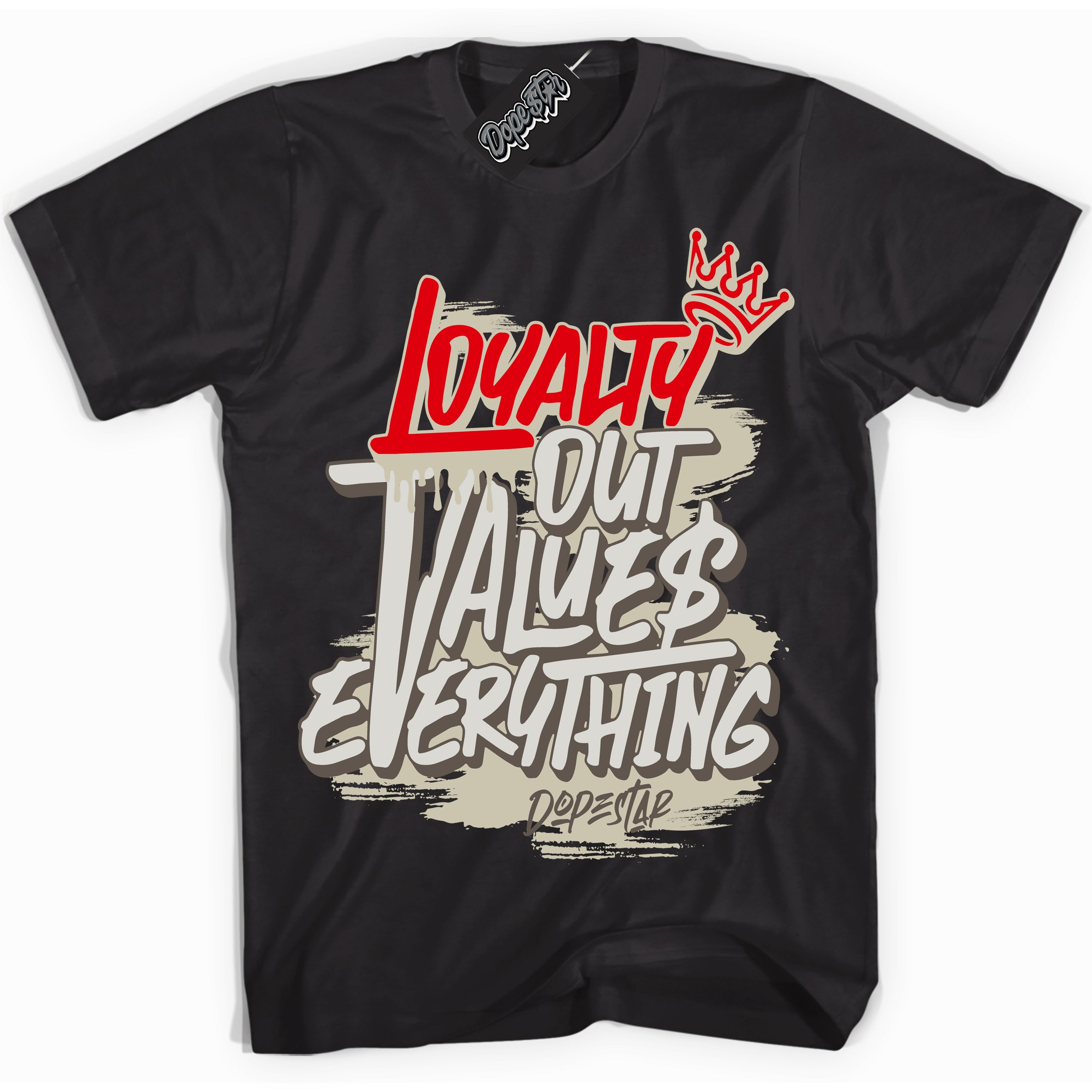 Cool Black Shirt with “ Loyalty Out Values Everything” design that perfectly matches Travis Scott Reverse Mocha 1s Sneakers.