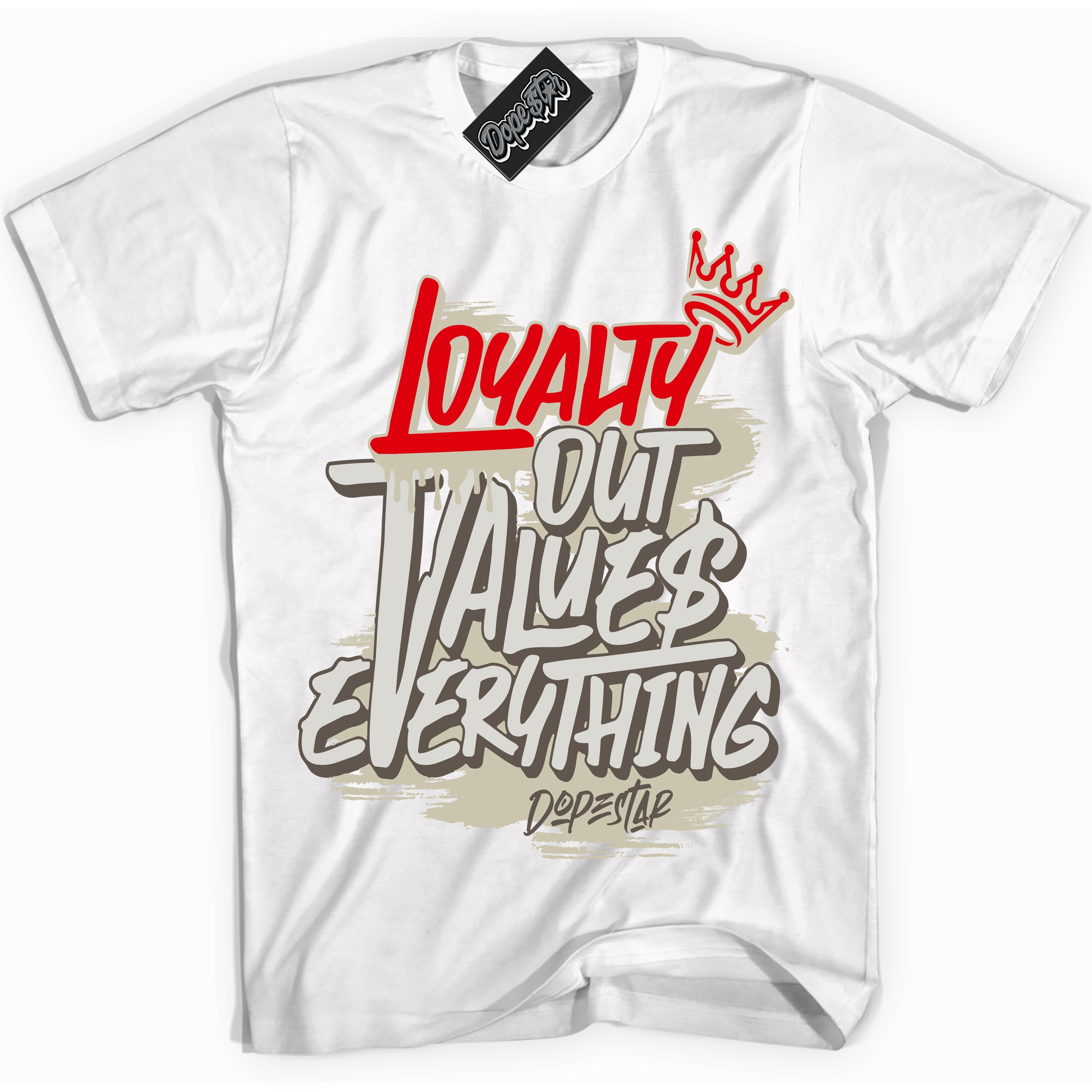 Cool White Shirt with “ Loyalty Out Values Everything” design that perfectly matches Travis Scott Reverse Mocha 1s Sneakers.