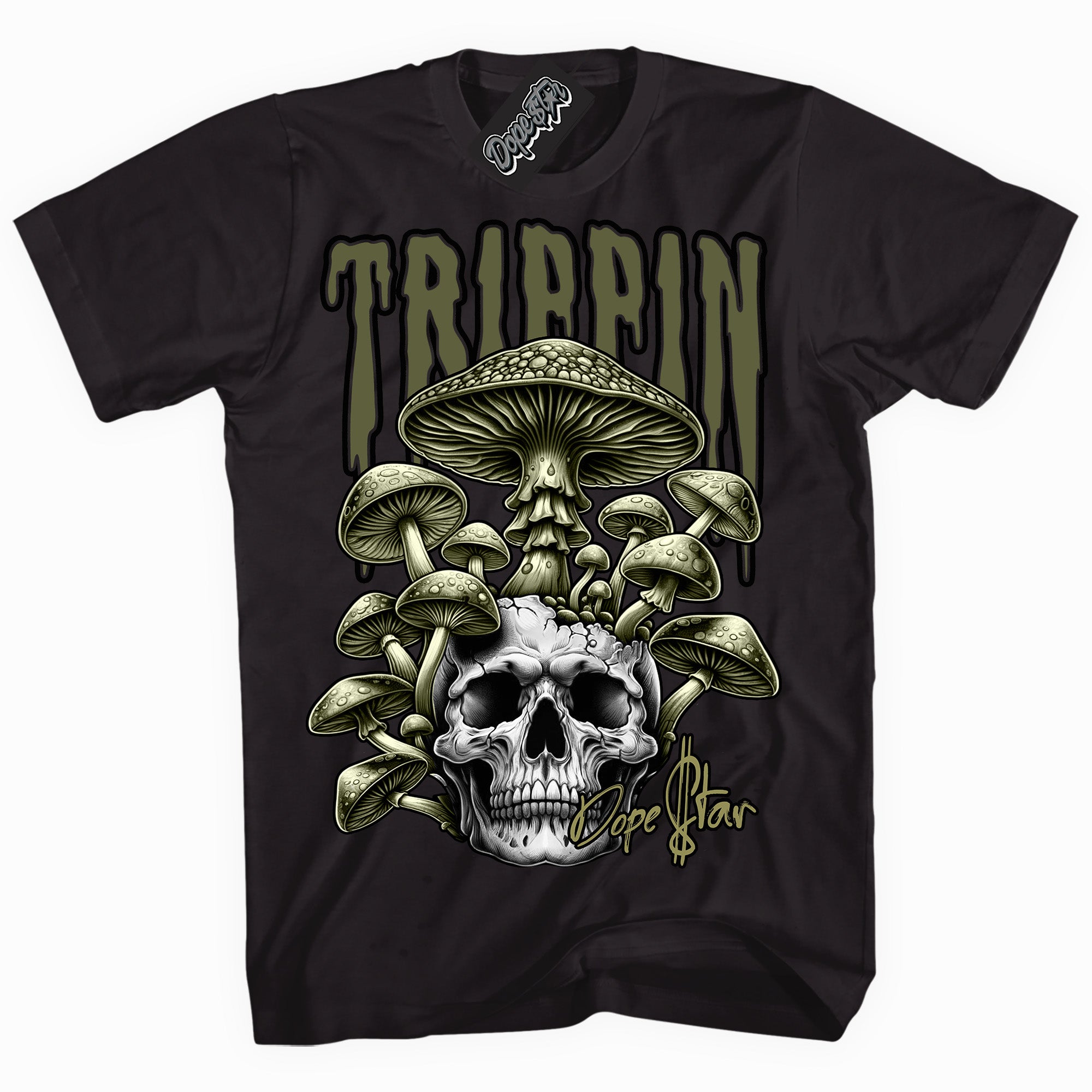 Cool Black graphic tee with “ Trippin ” print, that perfectly matches Craft Olive 4s sneakers