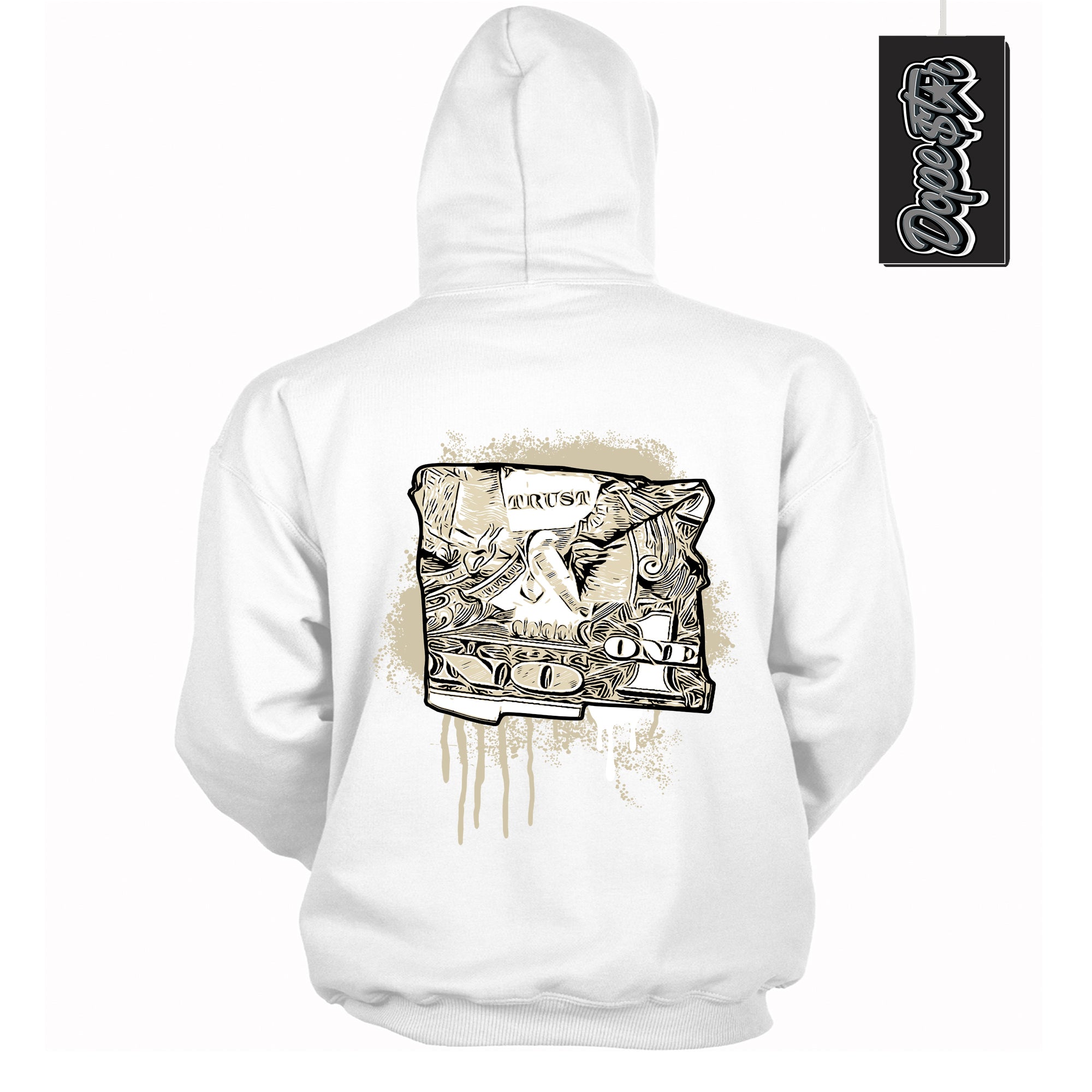 Cool White Hoodie with “ Trust No One Dollar ”  design that Perfectly Matches Gratitude 11s Sneakers.