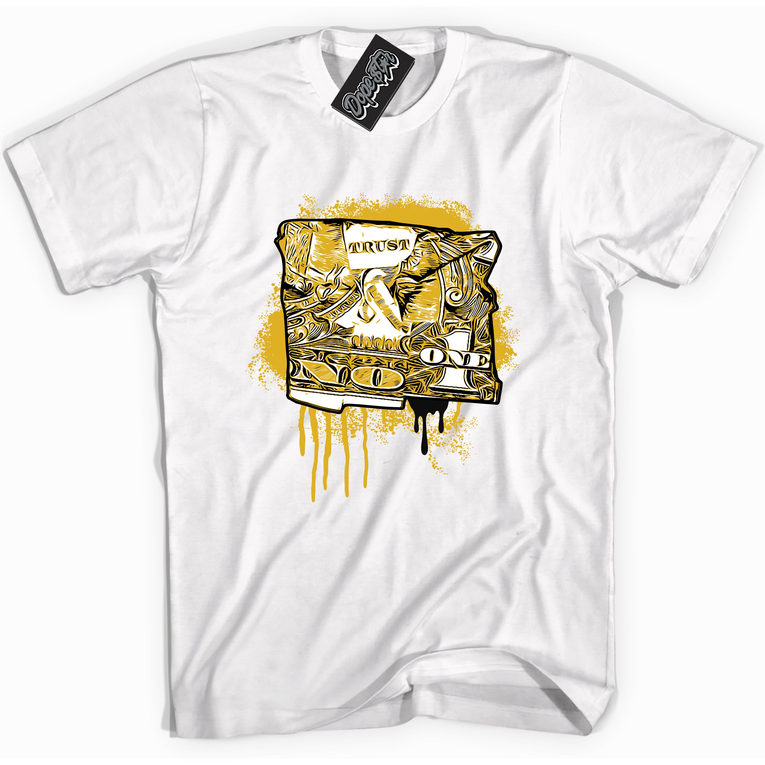Cool white Shirt with “ Trust No One Dollar ” design that perfectly matches Yellow Ochre 6s Sneakers.
