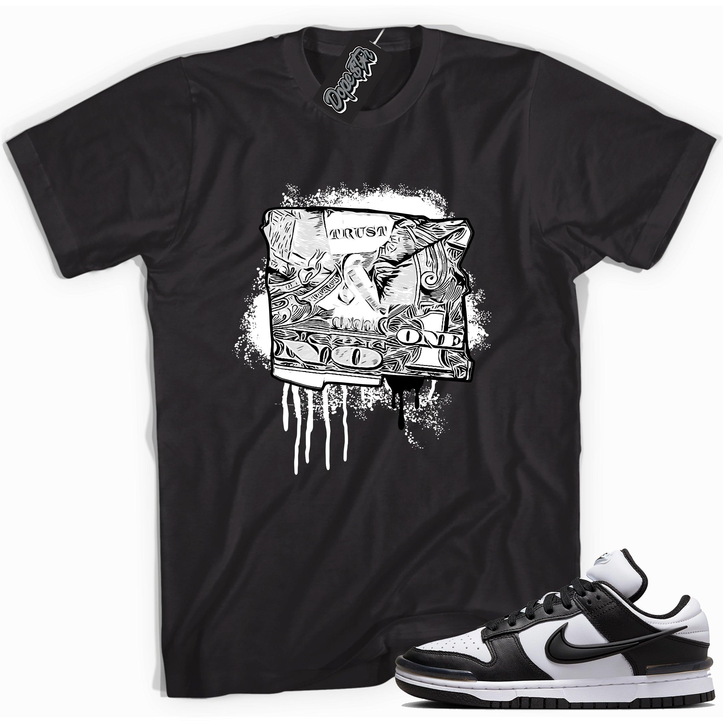 Cool black graphic tee with 'trust no one dollar' print, that perfectly matches Nike Dunk Low Twist Panda sneakers.